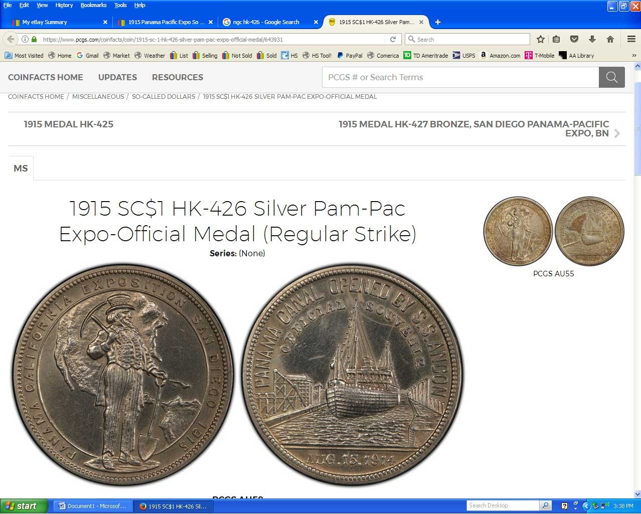 1915 HK-426 : Silver S.S. Ancon Panama-Pacific Exposition So-Called Dollar