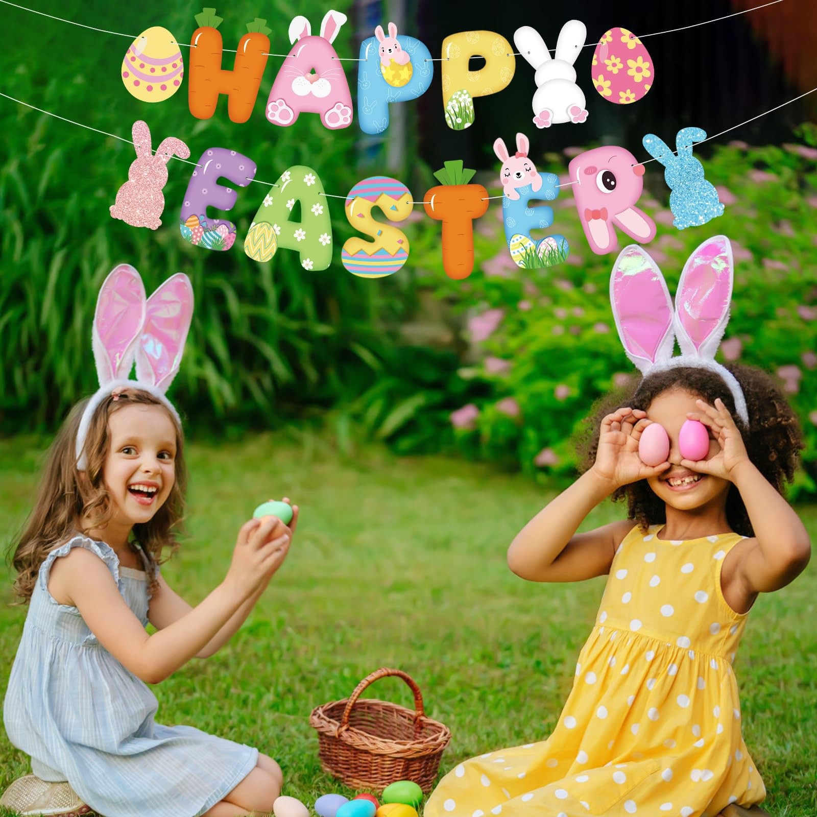 Happy Easter Banner Sign Bunny Eggs For Spring Party Outdoor Porch Decor Art