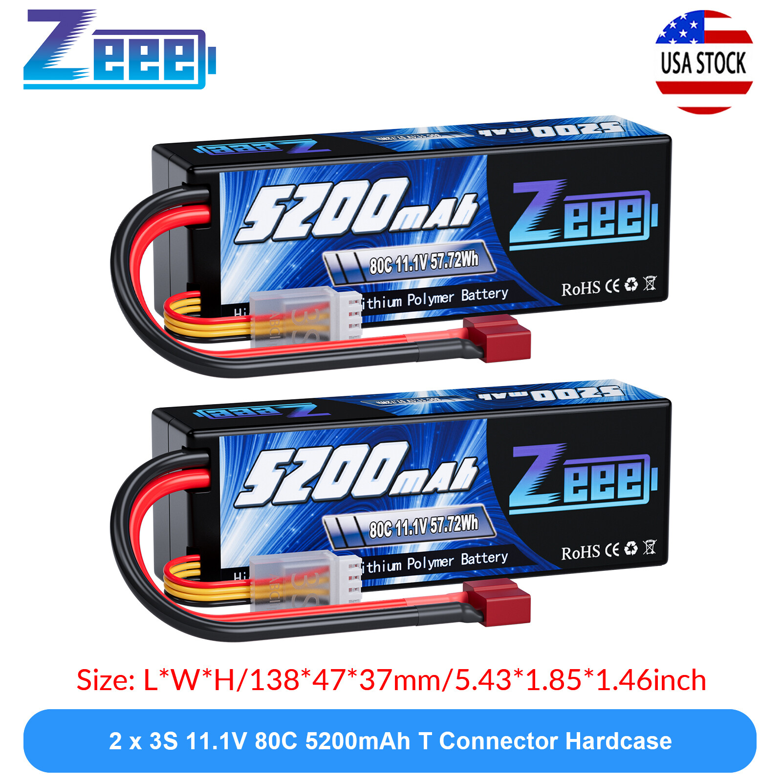 2x Zeee 11.1V 80C 5200mAh 3S LiPo Battery T Plug for RC Car Truck Heli Airplane