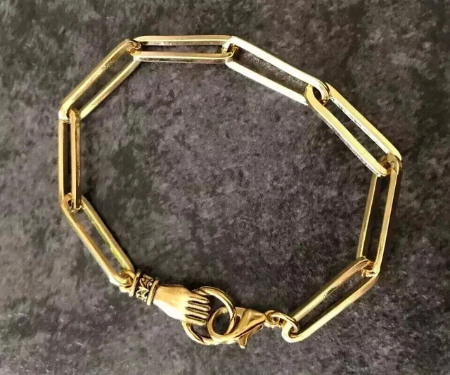 Hold On Hand Paper Clip Bracelet 100% Pure 925 Silver 14K Yellow Gold Plated