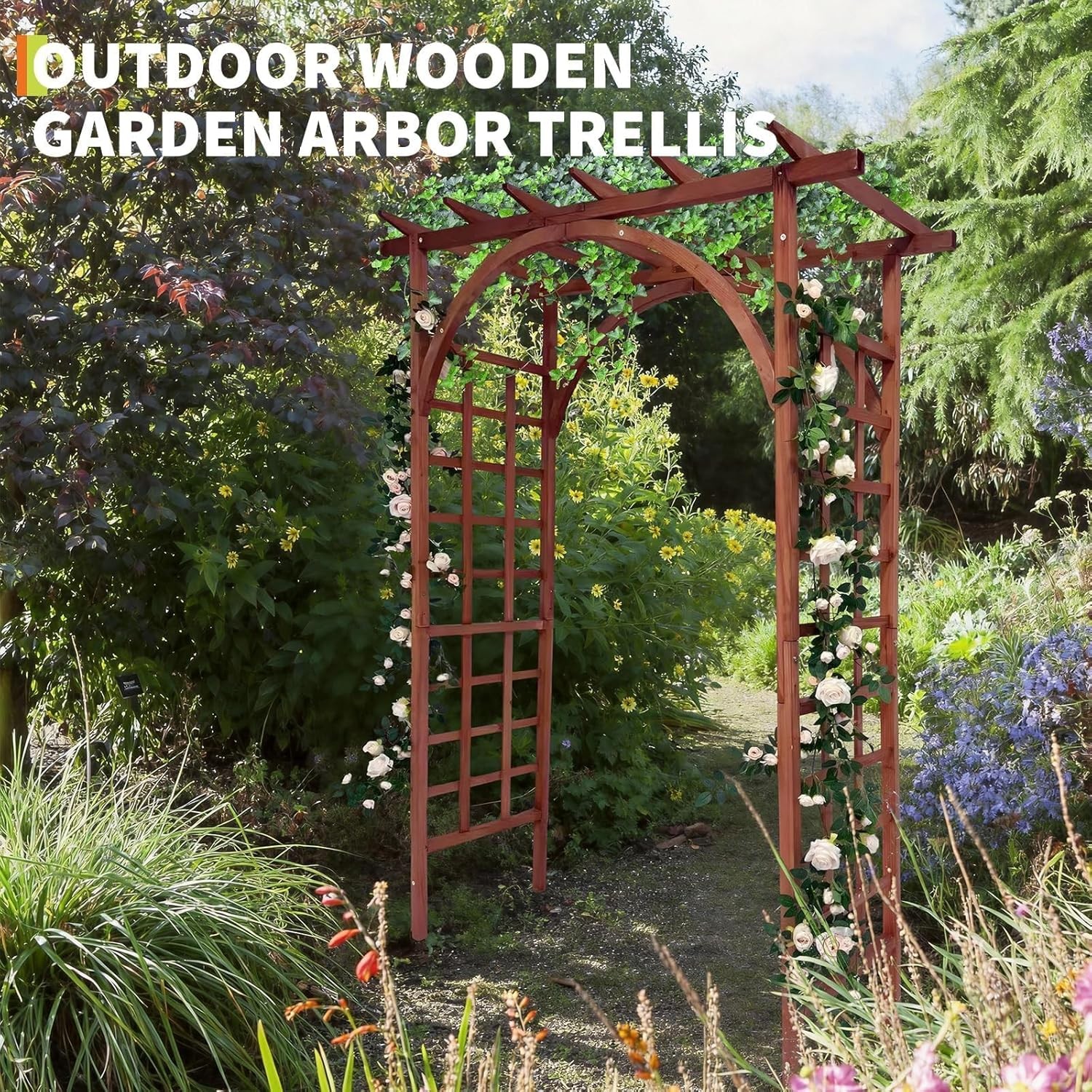 7 Ft Outdoor Wooden Arbor Arch Pergola Trellis Flat Arched Top Garden Yard Decor