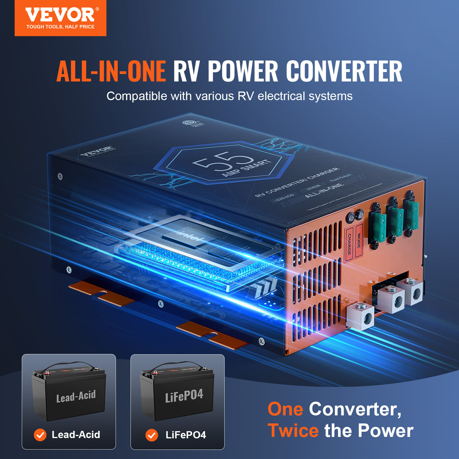 VEVOR RV Converter 55 Amp 110V AC to 12V DC RV Power Converter Battery Charger