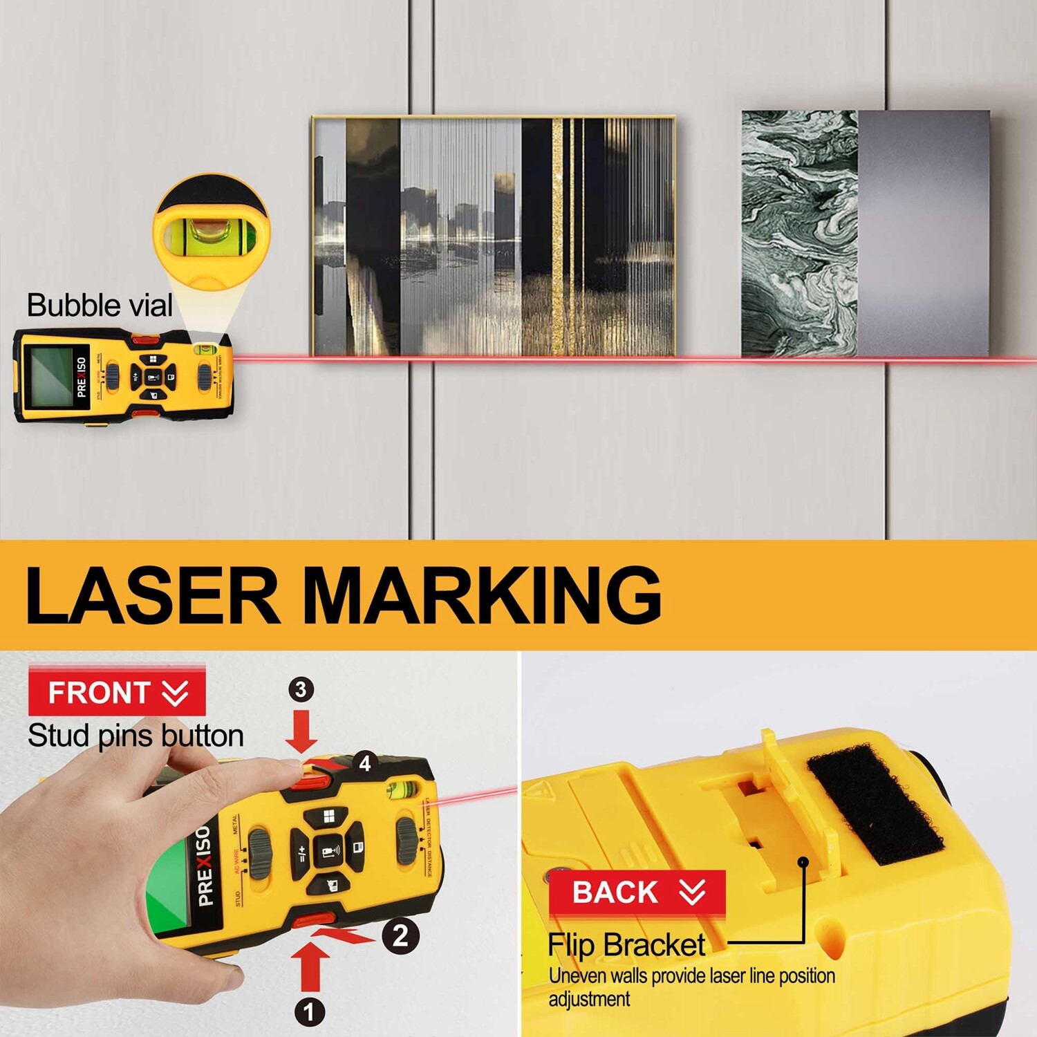 PREXISO 5-in-1 Stud Finder with Laser Level Marking Ultrasound Distance Measures