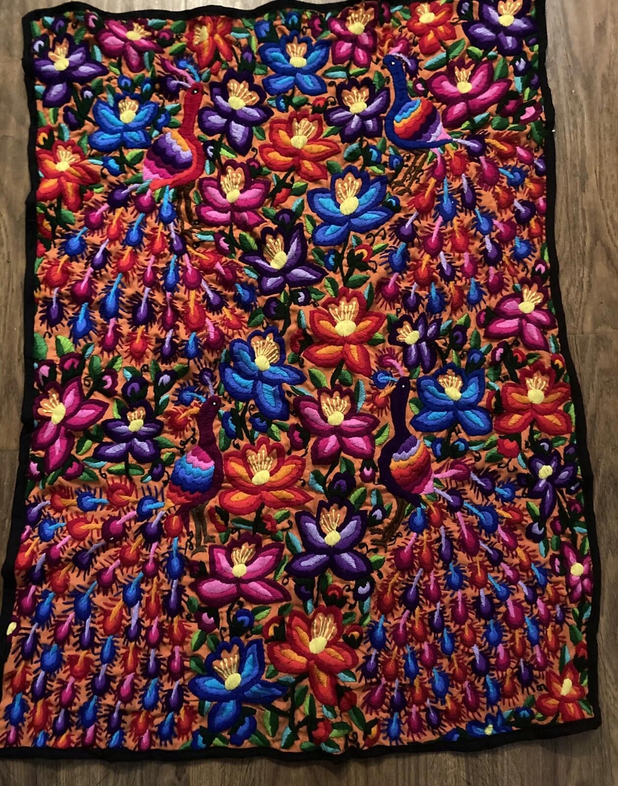 Guatemala Traditional Embroidered Tbl Cloth/Wall Hanging Etc. w/Peacocks/Flowers