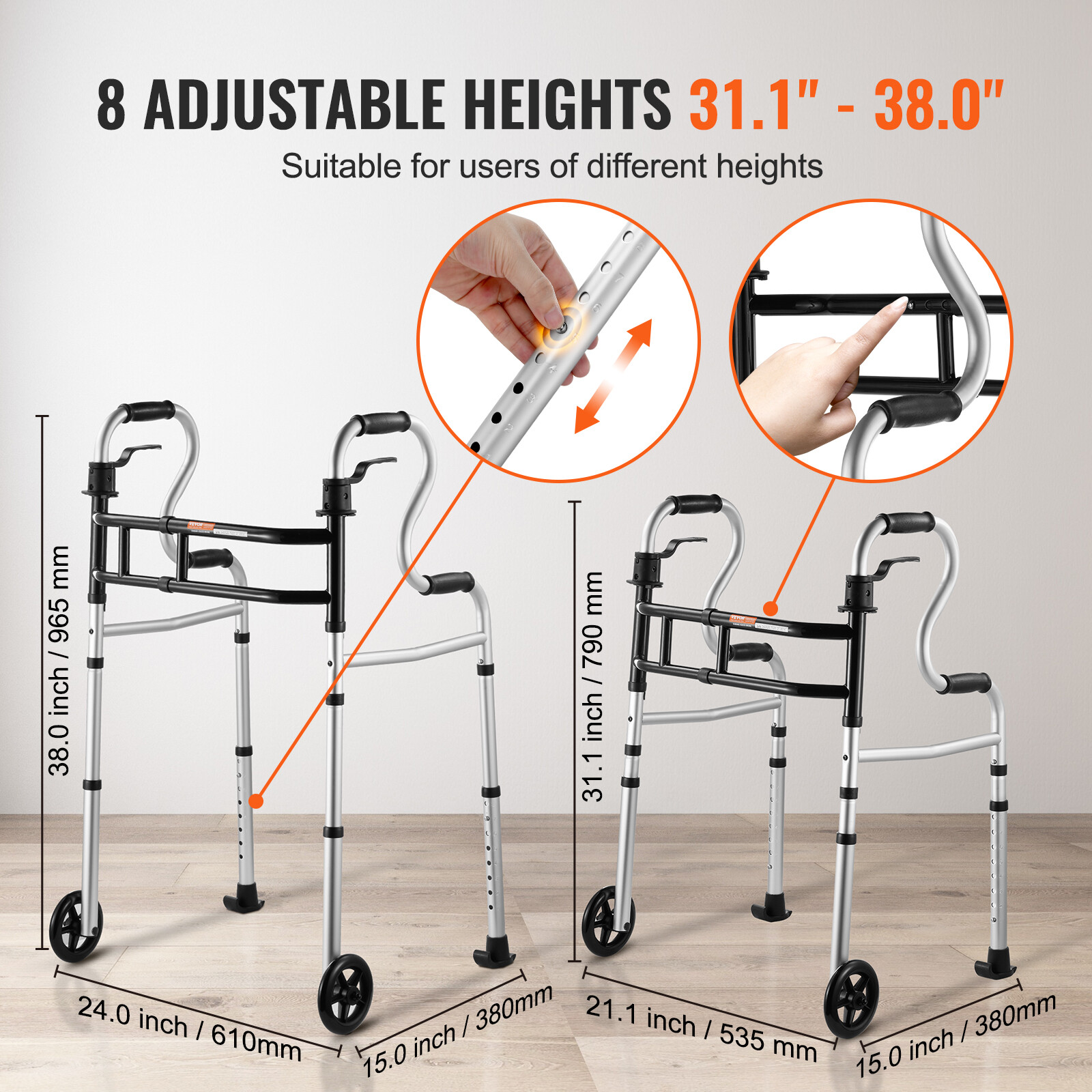 VEVOR Folding Walker Stand-Assist Folding Walkers with Adjustable Height & Width