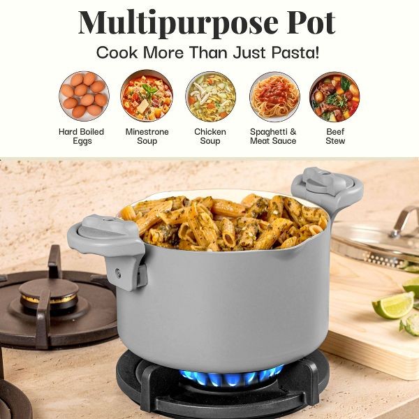 Gotham Steel 5 Qt Light Grey Ultra Nonstick Ceramic Pasta Pot with Strainer Lid