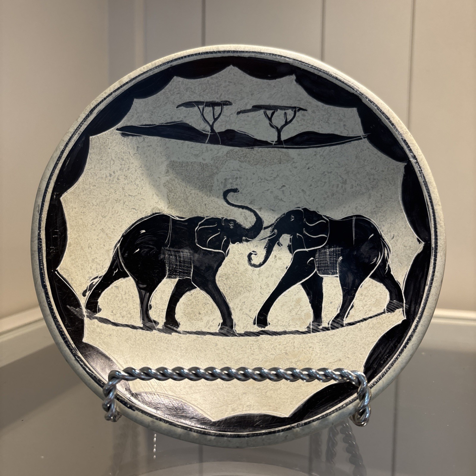 Kenya African Hand Carved Soapstone Dish Hand Painted Black White Elephants