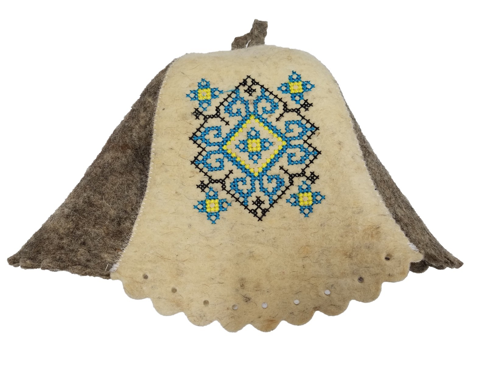 Wool Sauna Hat Embroidered Ukrainian ornament Blue