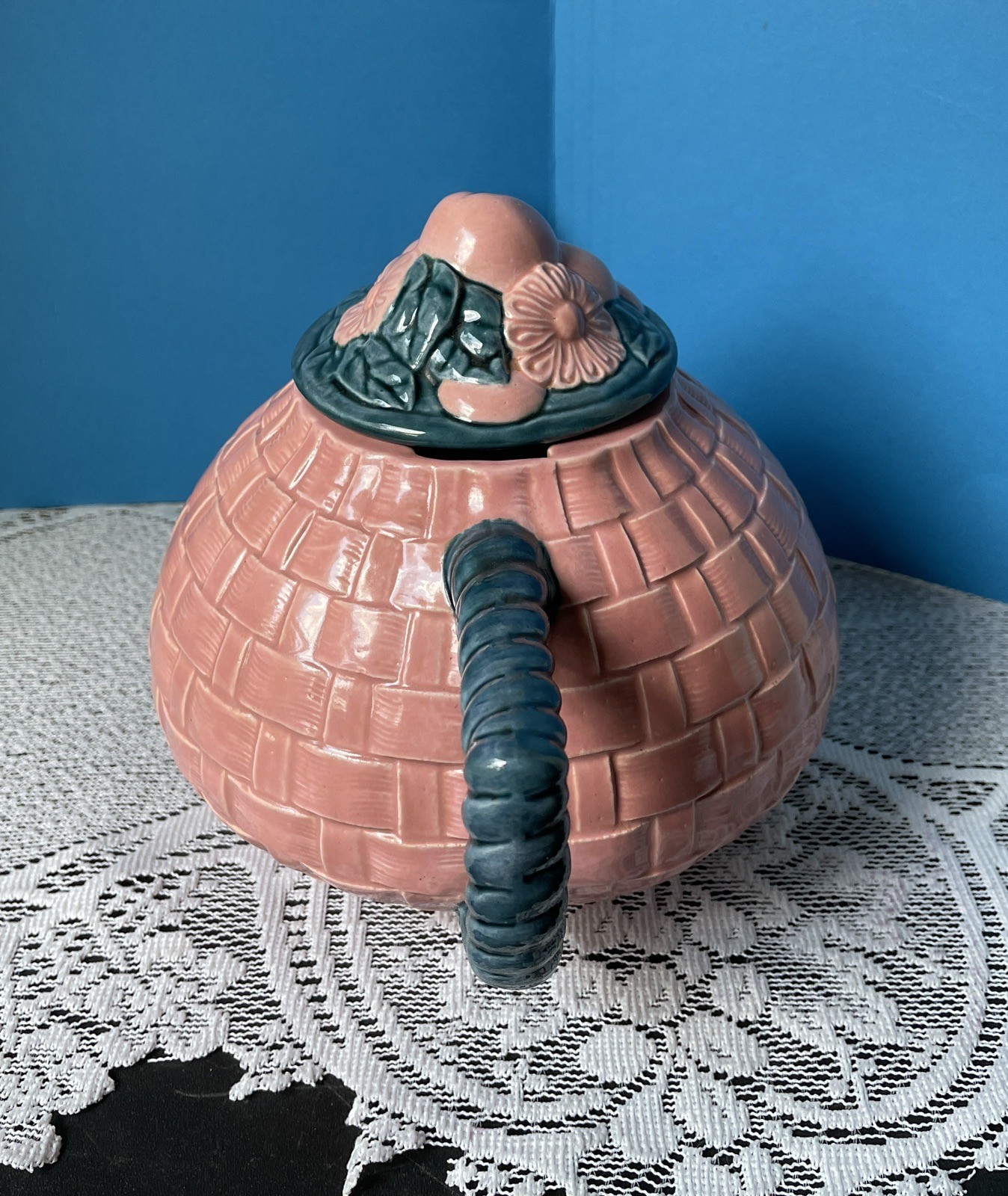 Ceramic Teapot Pink & Teal Basketweave Country Flare Cottagecore Signed Dated