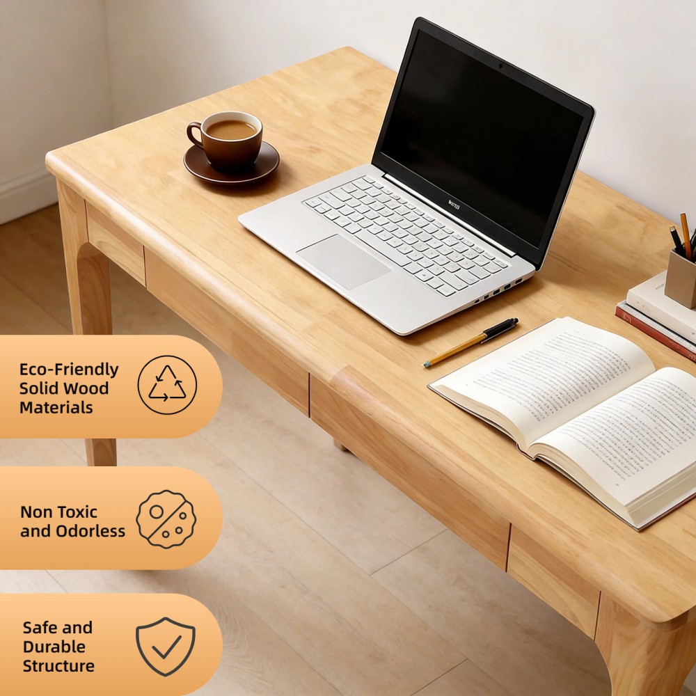 Solid Wood Desk with Drawers, Standing Desk with Smooth Edges, Home Office Desk