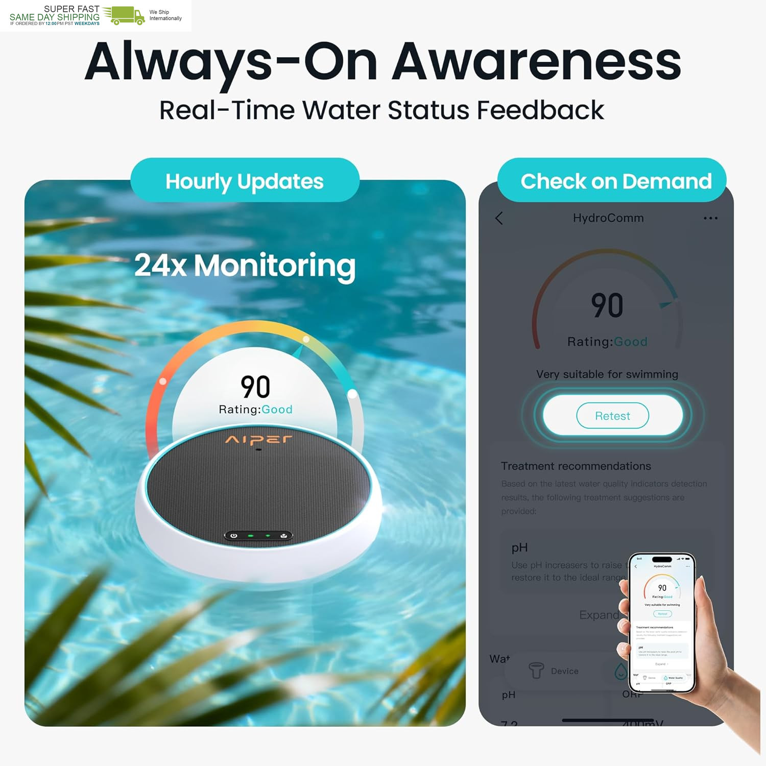Hydrocomm Smart Pool Monitor, 24/7 Automatic Water Testing for Pools, Hot Tubs &