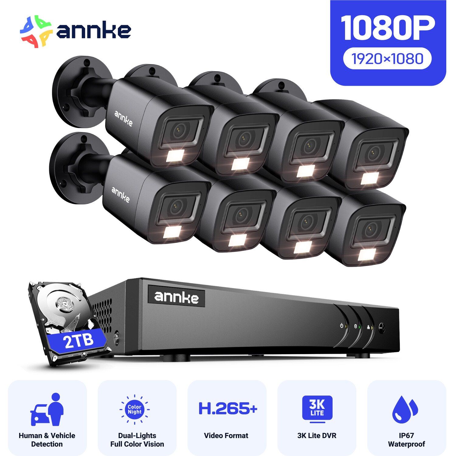 ANNKE 5in1 8CH 3K Lite DVR 1080P TVI CCTV Security Camera System Outdoor Color