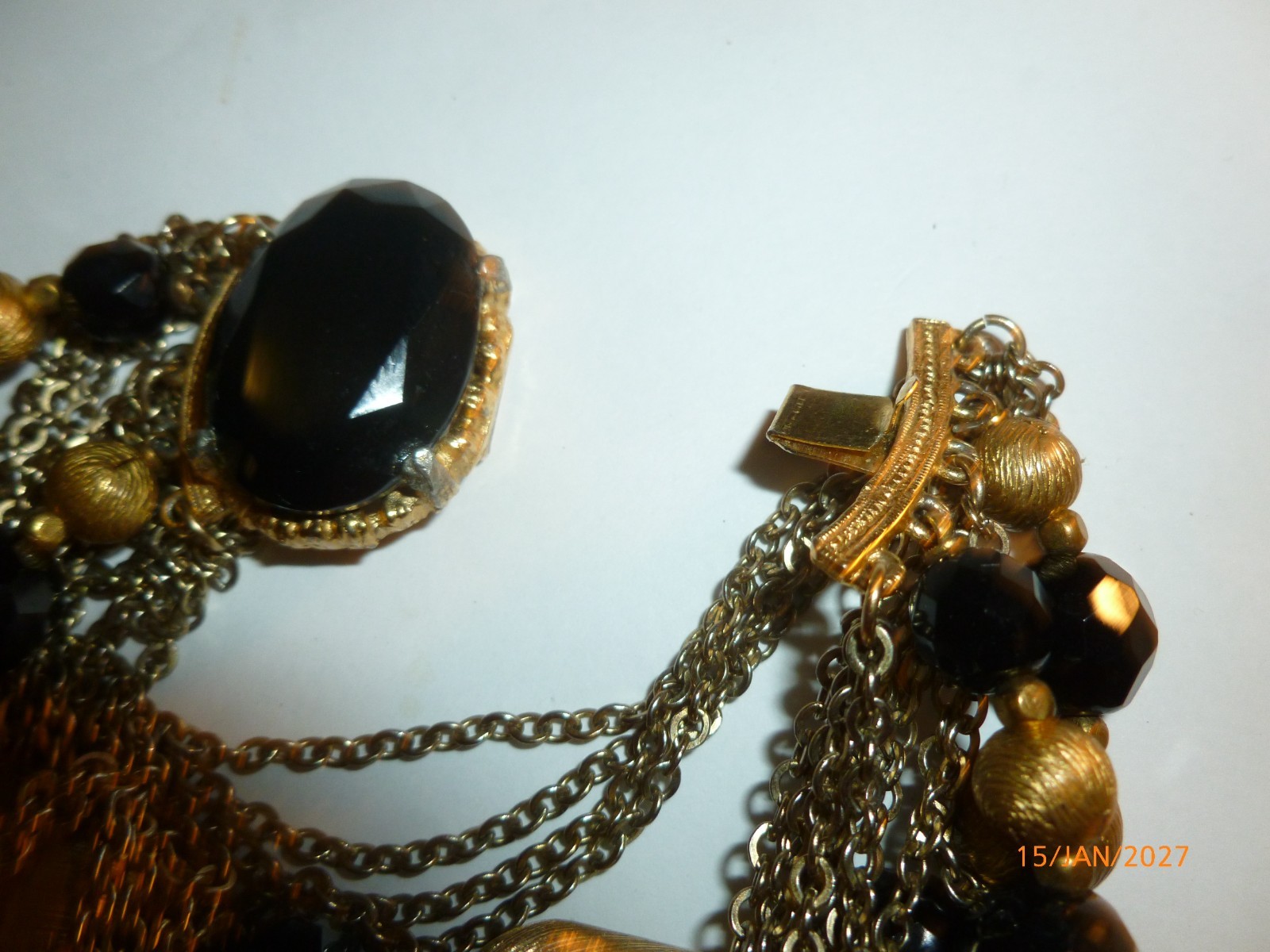 Vintage Black Faceted Rhinestone Gold Tone Bon Bons Chains Bracelet 7" Quality