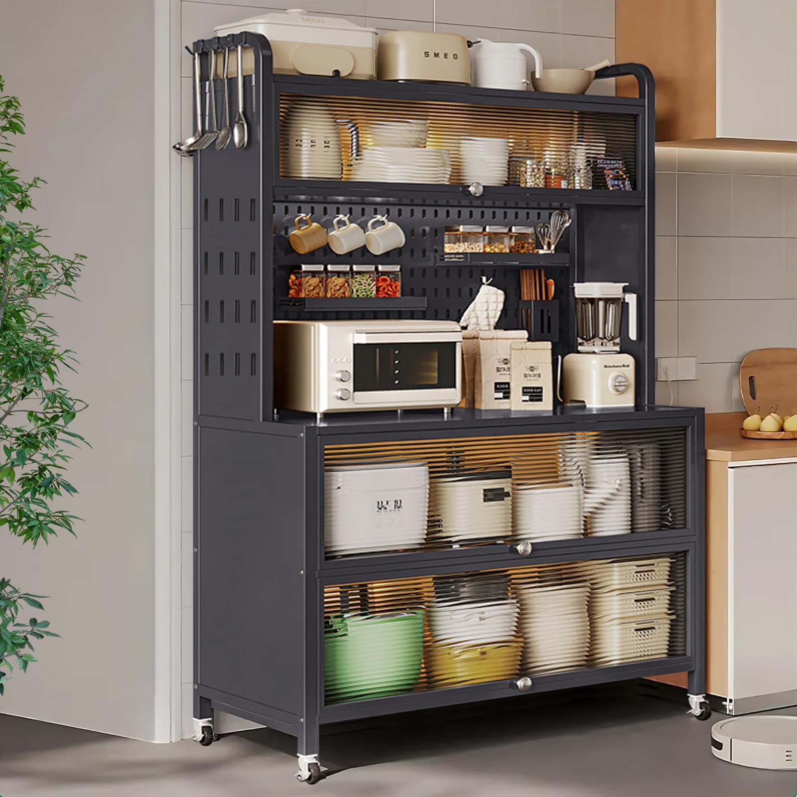 63" 5 Tier Bakers Rack Kitchen Cabinet with Clear Doors Adjustable Shelves