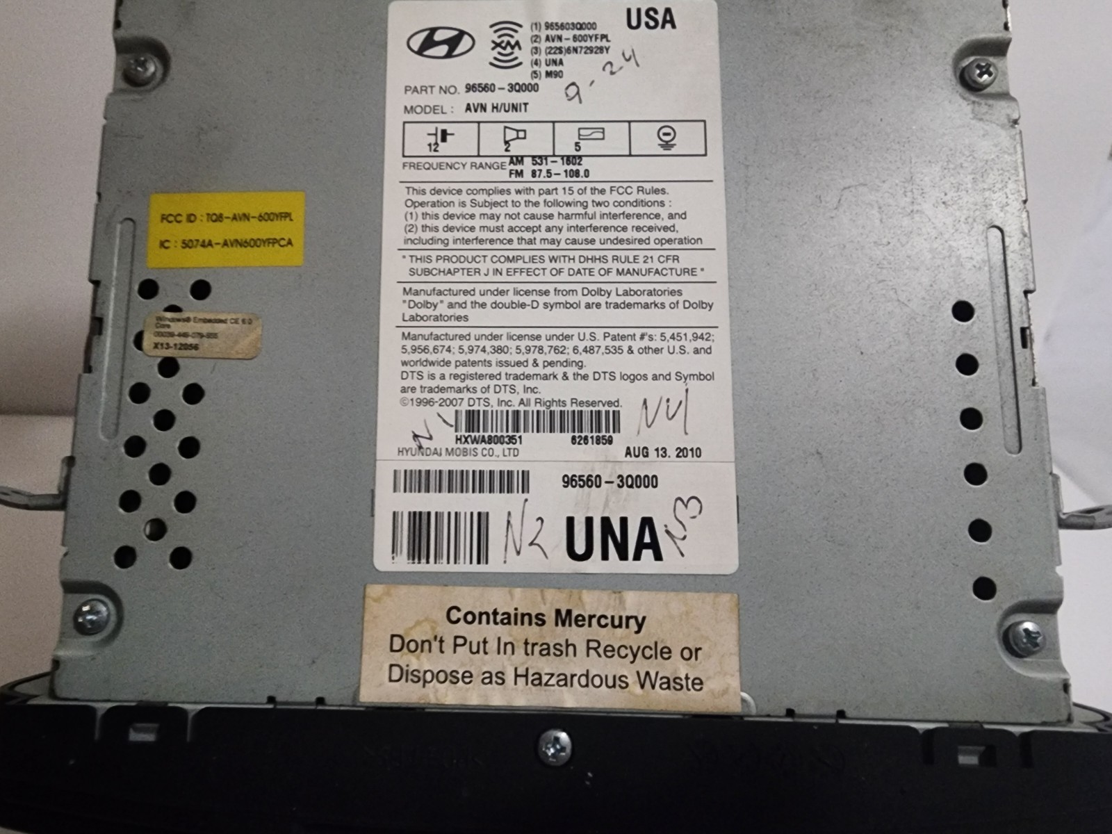 OEM #96560-3Q000 Navi w/Bluetooth XM CD Radio for Hyundai Sonata 2010-2014