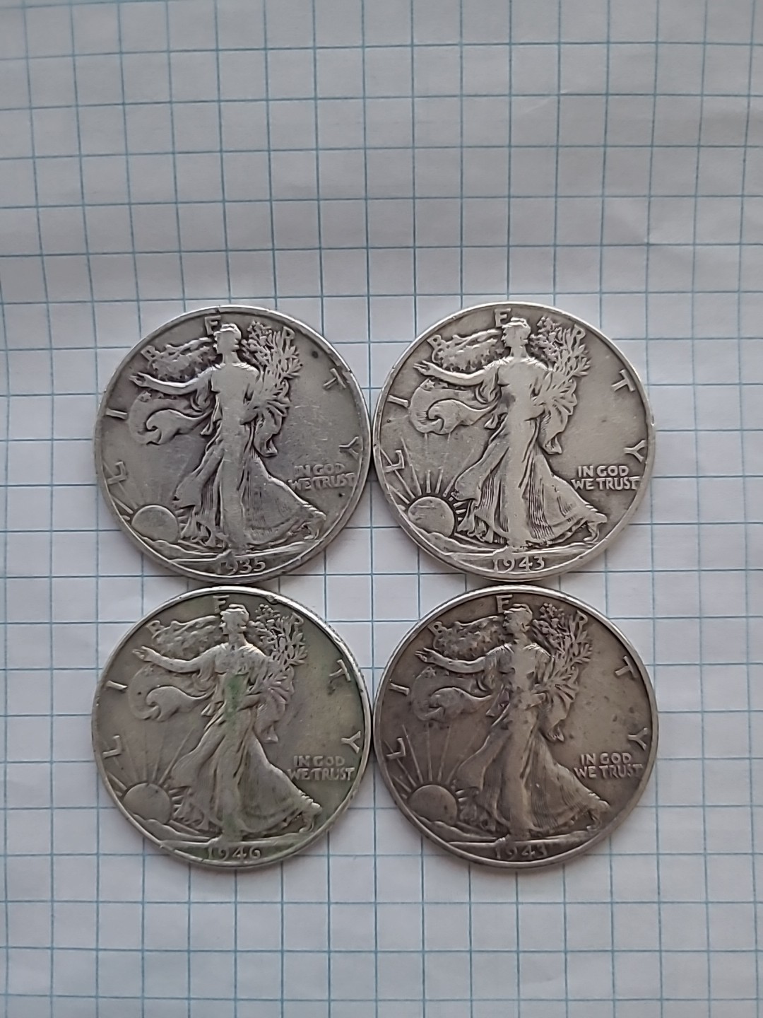 4x Walking Liberty Half Dollar 50c 90% Silver Coins - NICE! 2 Dollar Face Value
