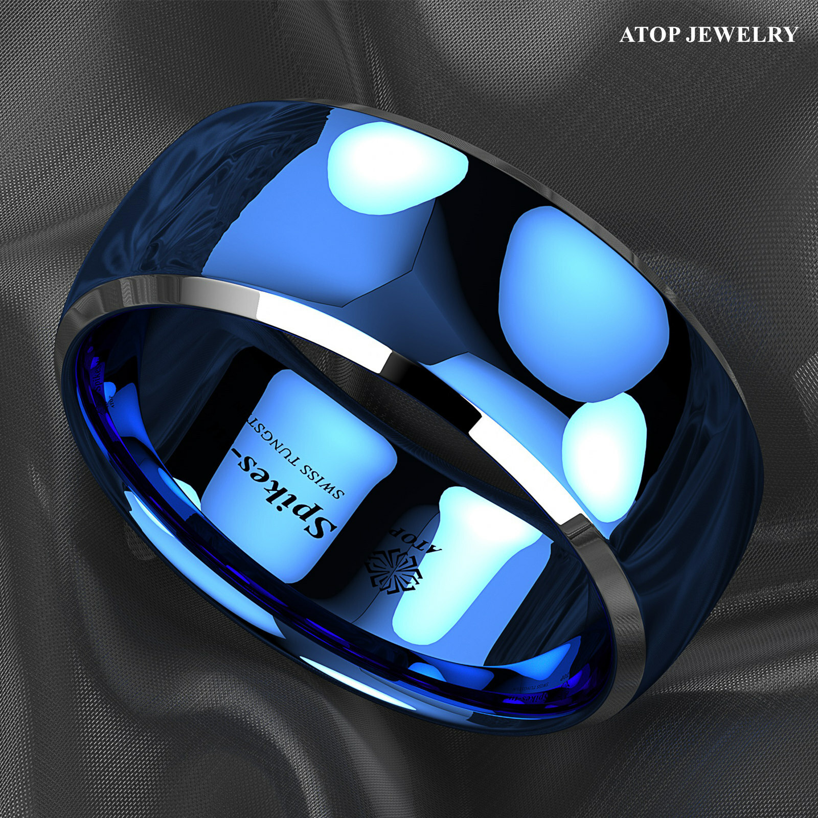 8mm ATOP Dome Blue Silver Edges Tungsten Ring for Men Comfort Fit Wedding Ring