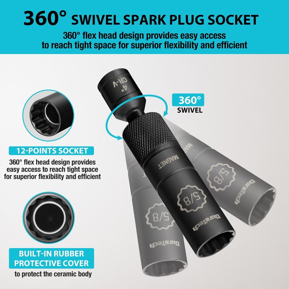 DURATECH 5/8" Swivel Magnetic Spark Plug Socket 1MM Thin Wall 3/8"Drive x4" 12PT