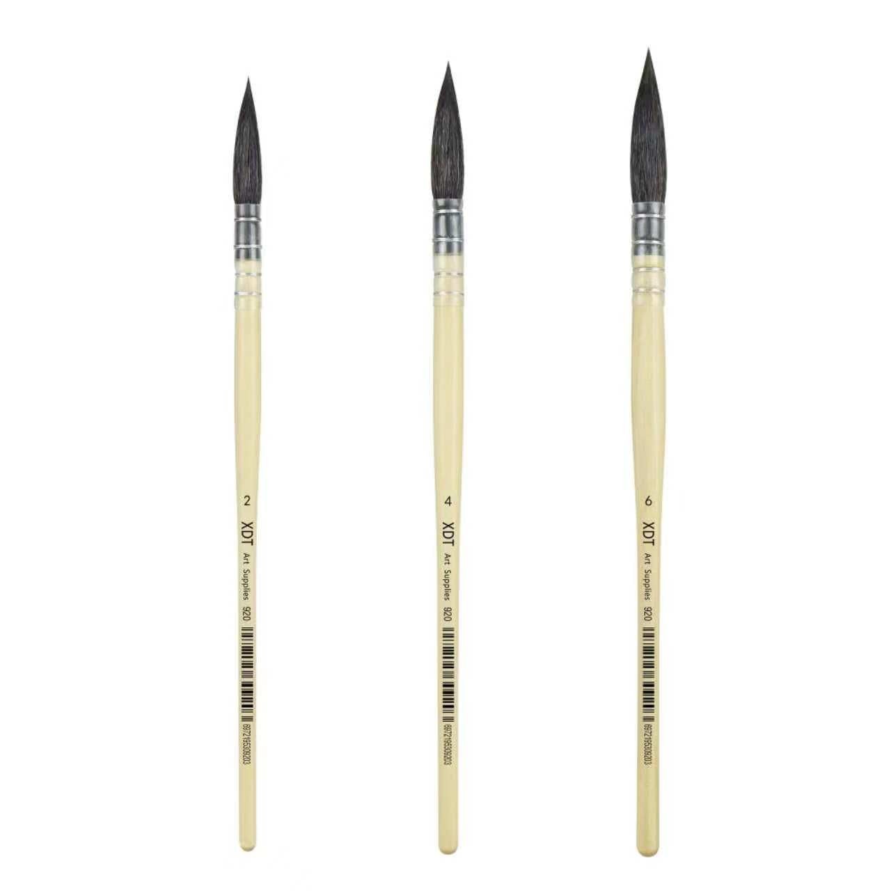 XDT#920 Round Watercolor Artist Paint Brush 3Pcs Medium Soft Black Goat Hair