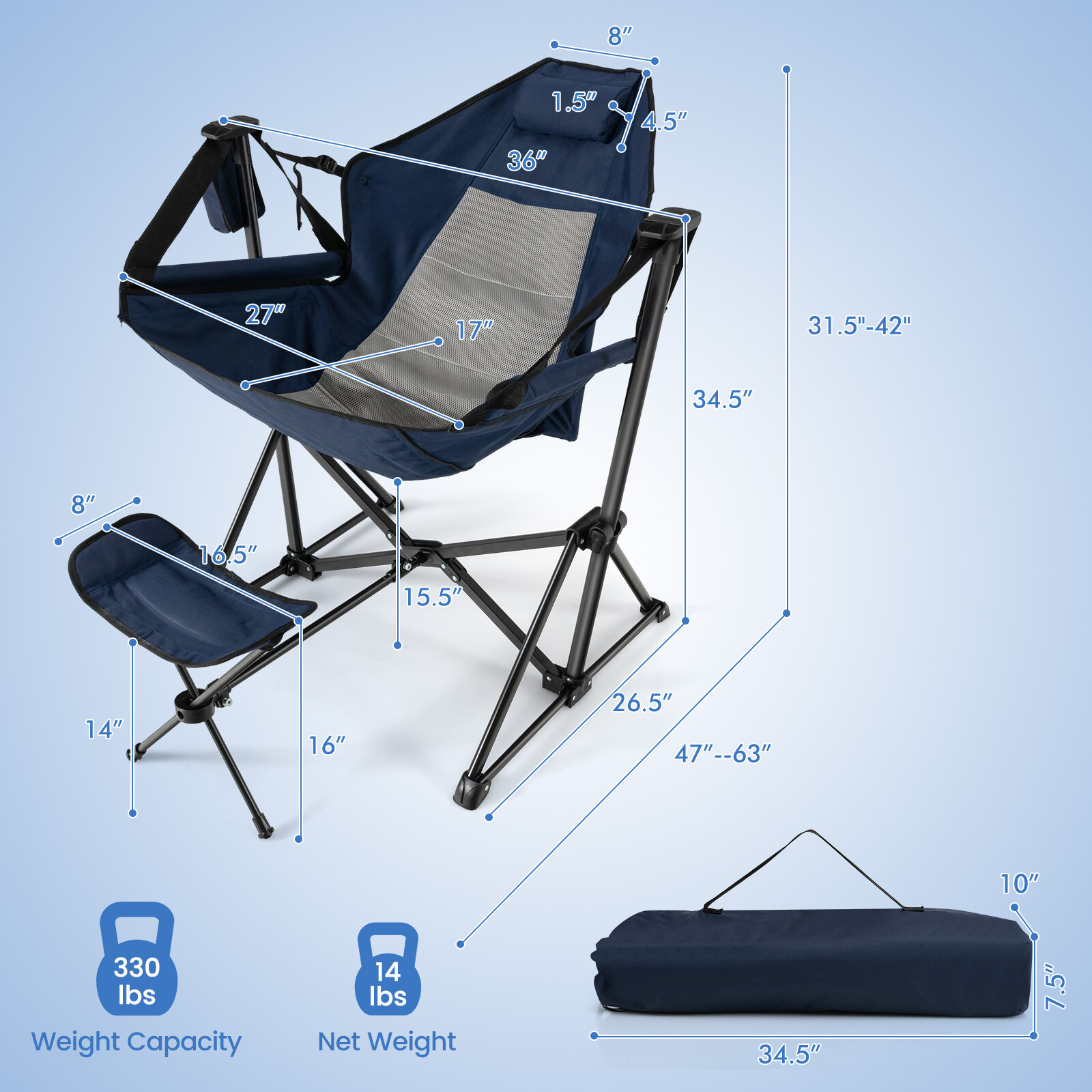 Hammock Camping Chair Swinging Camping Recliner with Retractable Footrest Navy