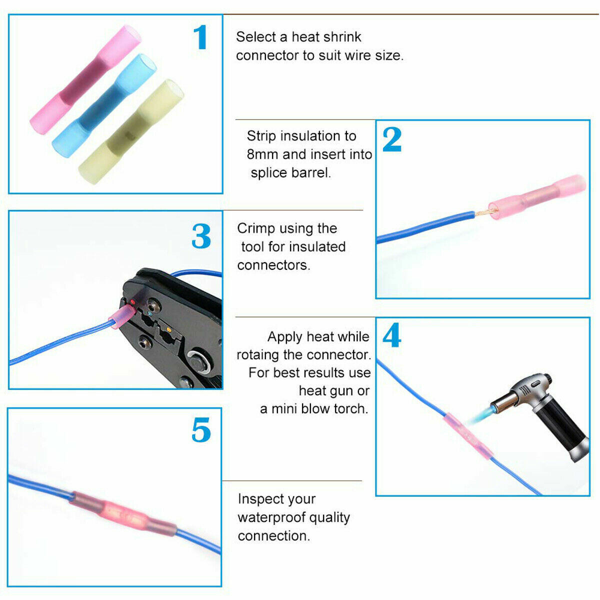 100X BLUE HEAT SHRINK BUTT CONNECTORS WIRE 14-16 GAUGE WATERPROOF WIRING