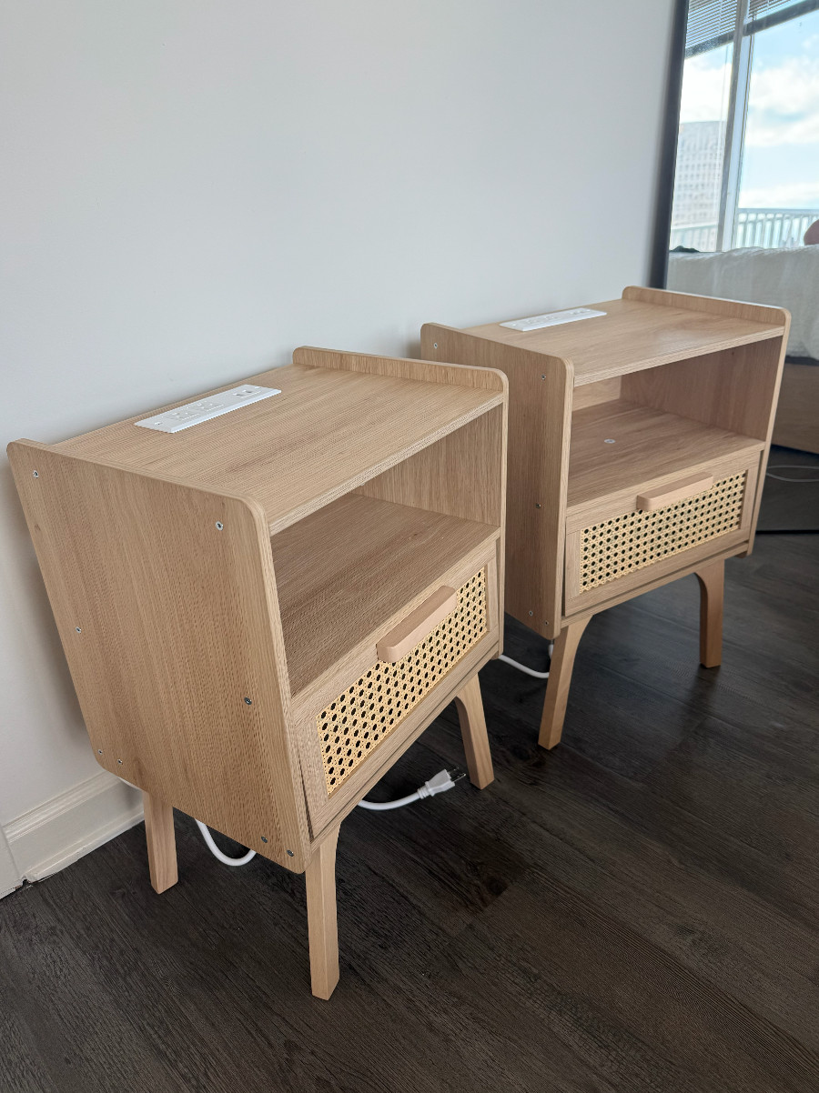 Set of 2 Brand New Night Stands Beige Wood Color Drawer Storage Powered Outlets!