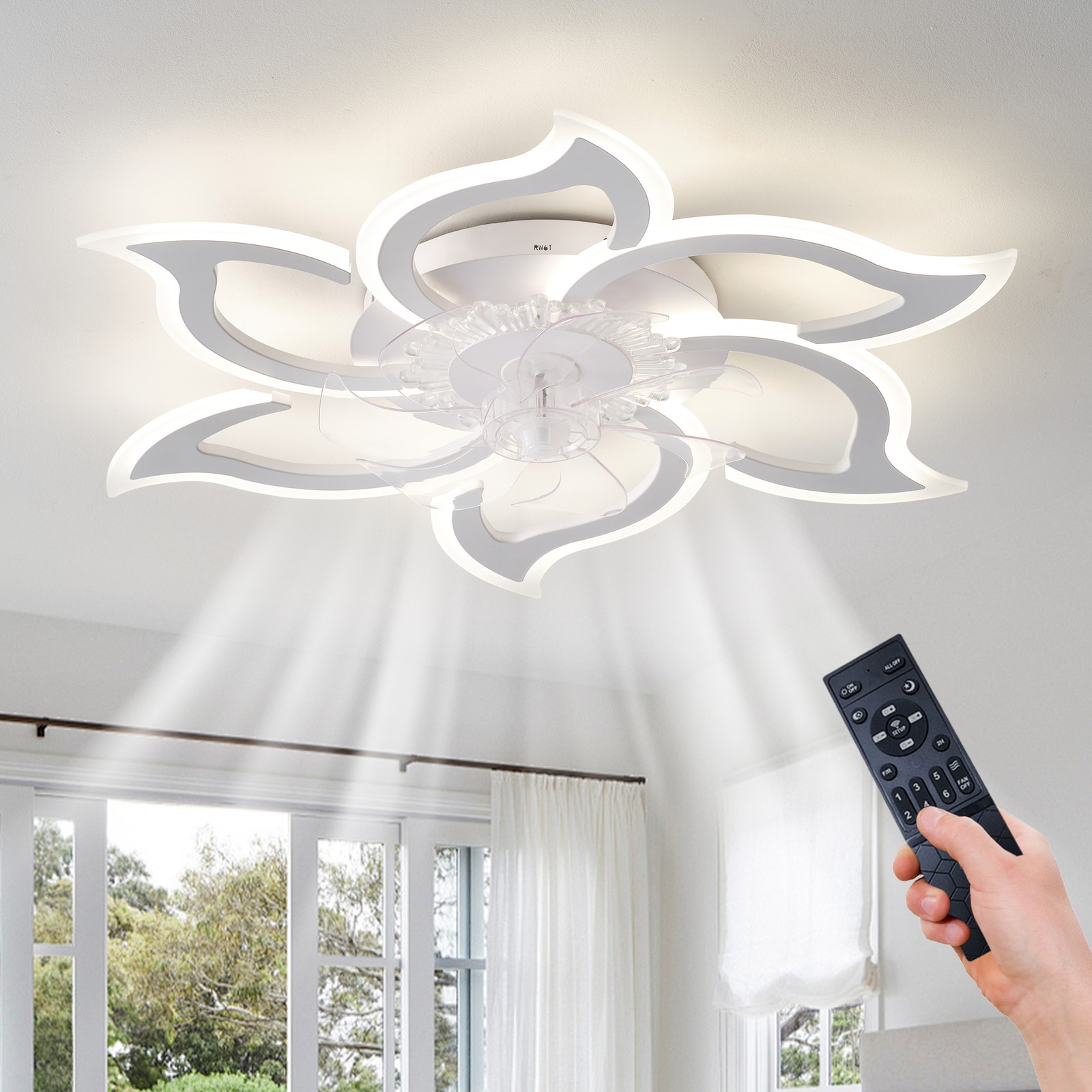 33'' Modern Flower Ceiling Fan with LED Light Flush Mount Remote APP Control Kit
