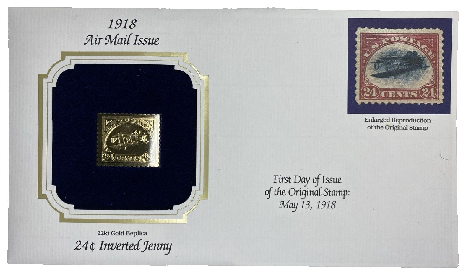 1918 Inverted Jenny 22kt gold 24 cent Stamp Replica Postal Commemorative Society