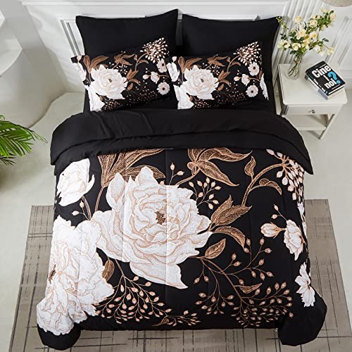 7 Piece Bed in a Bag Comforter Set Botanical Floral Bedding Queen Black Floral