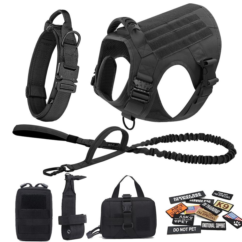 Military Large Dog Harness Collar Leash Bags Patches Set Tactical Dog Vest Set