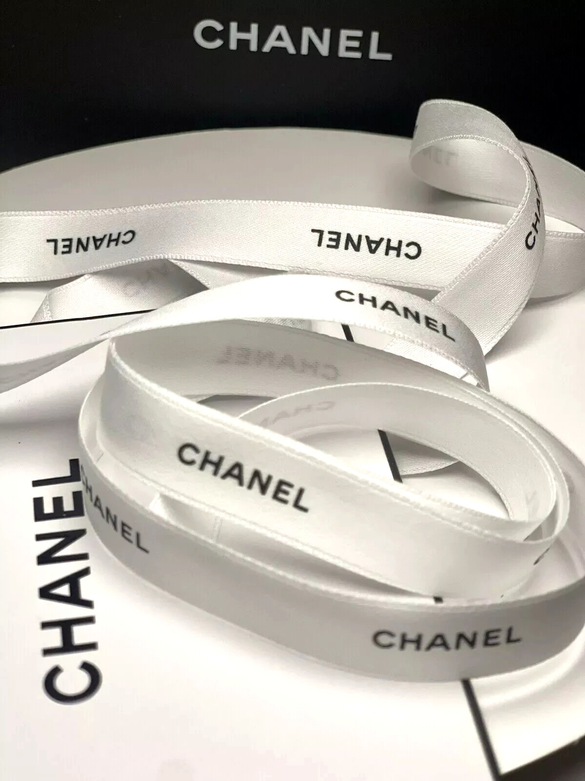 CHANEL Classic White Ribbon w/Black Logo~ Sold By the Yard~