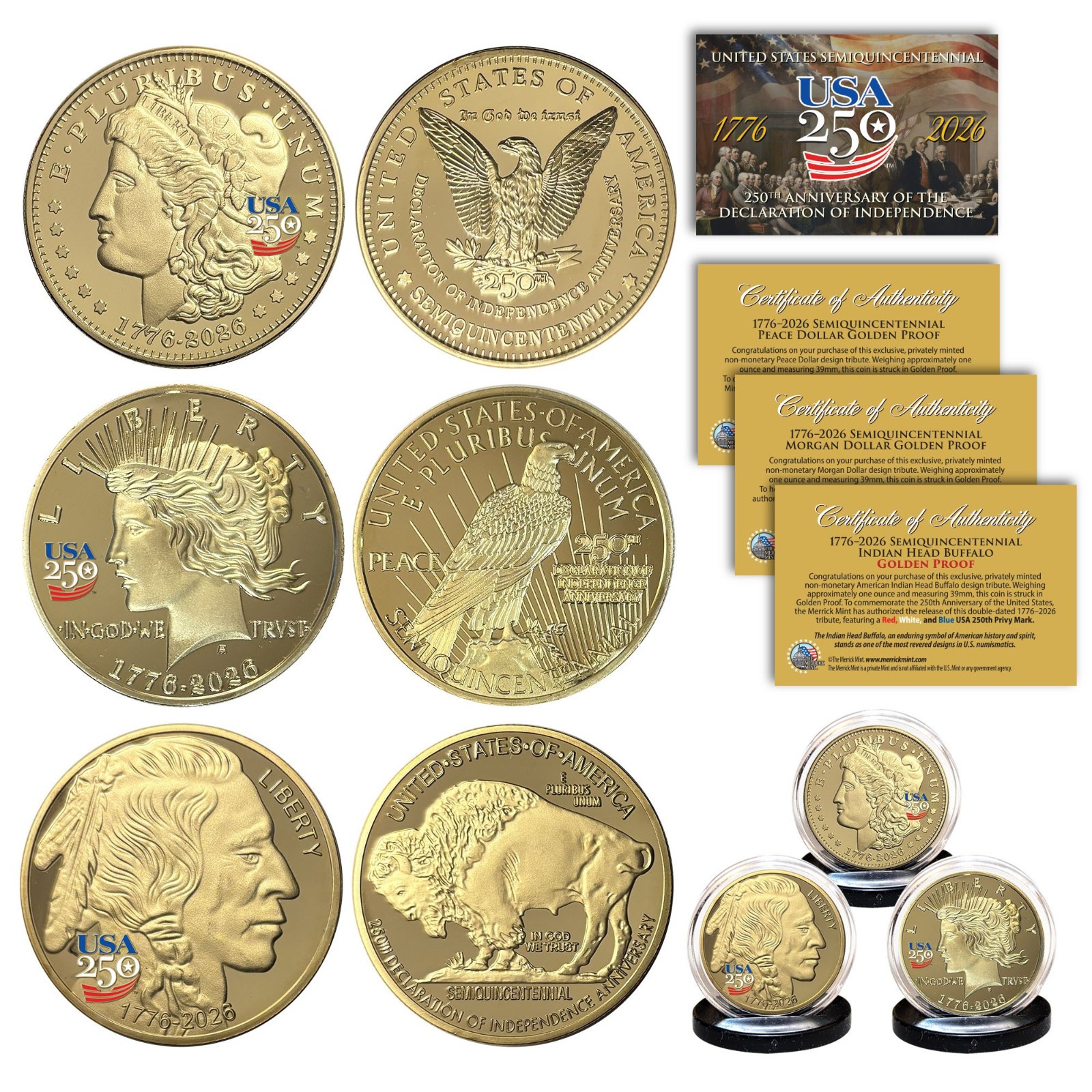 USA 250 PRIVY America 2026 MORGAN + PEACE + BUFFALO 1 OZ Golden Proof 3-Coin SET