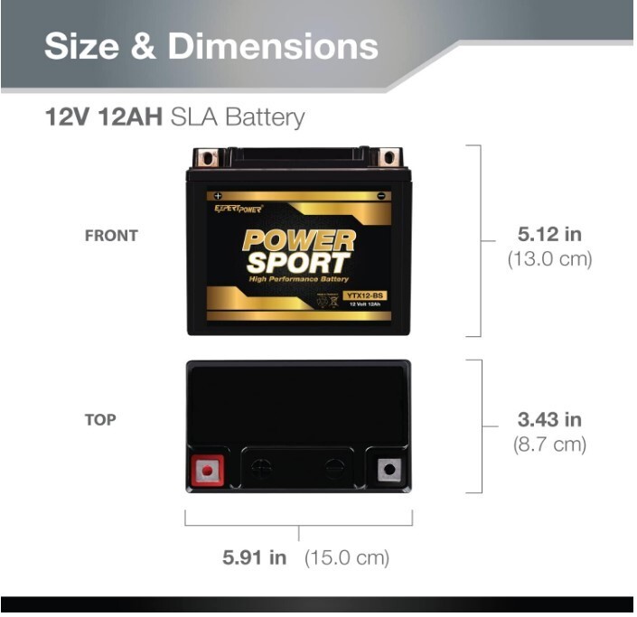 YTX12-BS 12V 12Ah Rechargeable Powersport Battery, 210 Cold Cranking Amps