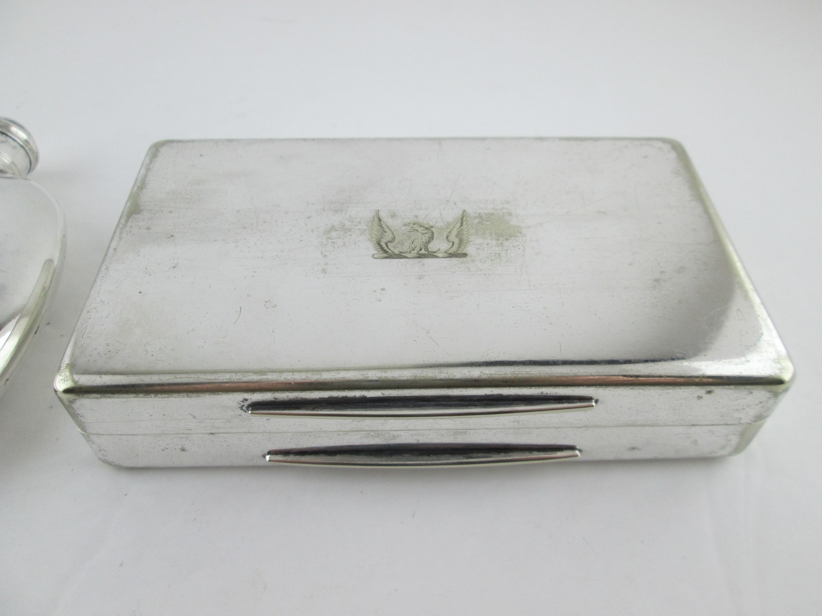 Victorian Antique Leather Case Sterling Silver Spirit Flask plus Cigarette Case