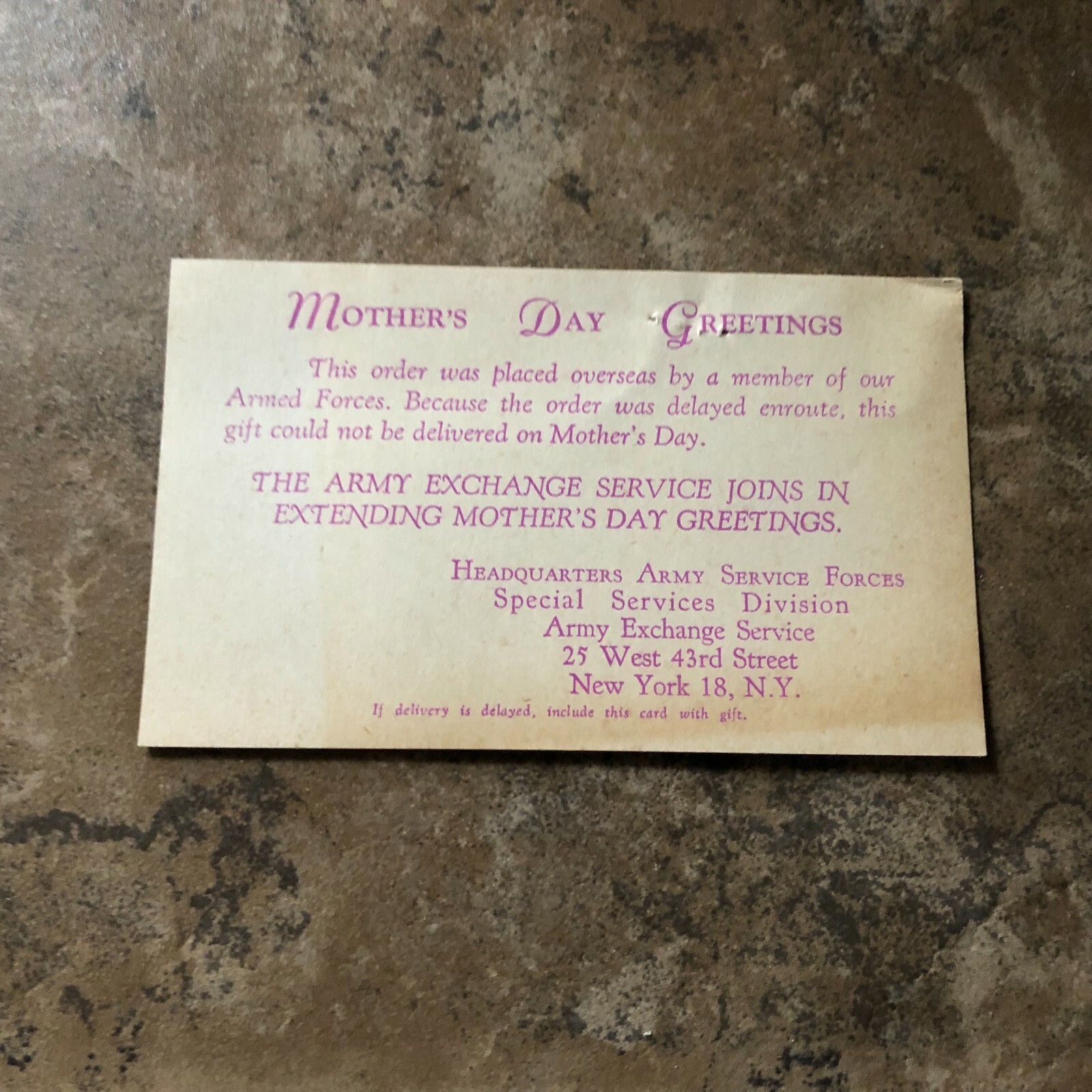 Army Exchange Service Forces WW2 Mother's Day greeting card