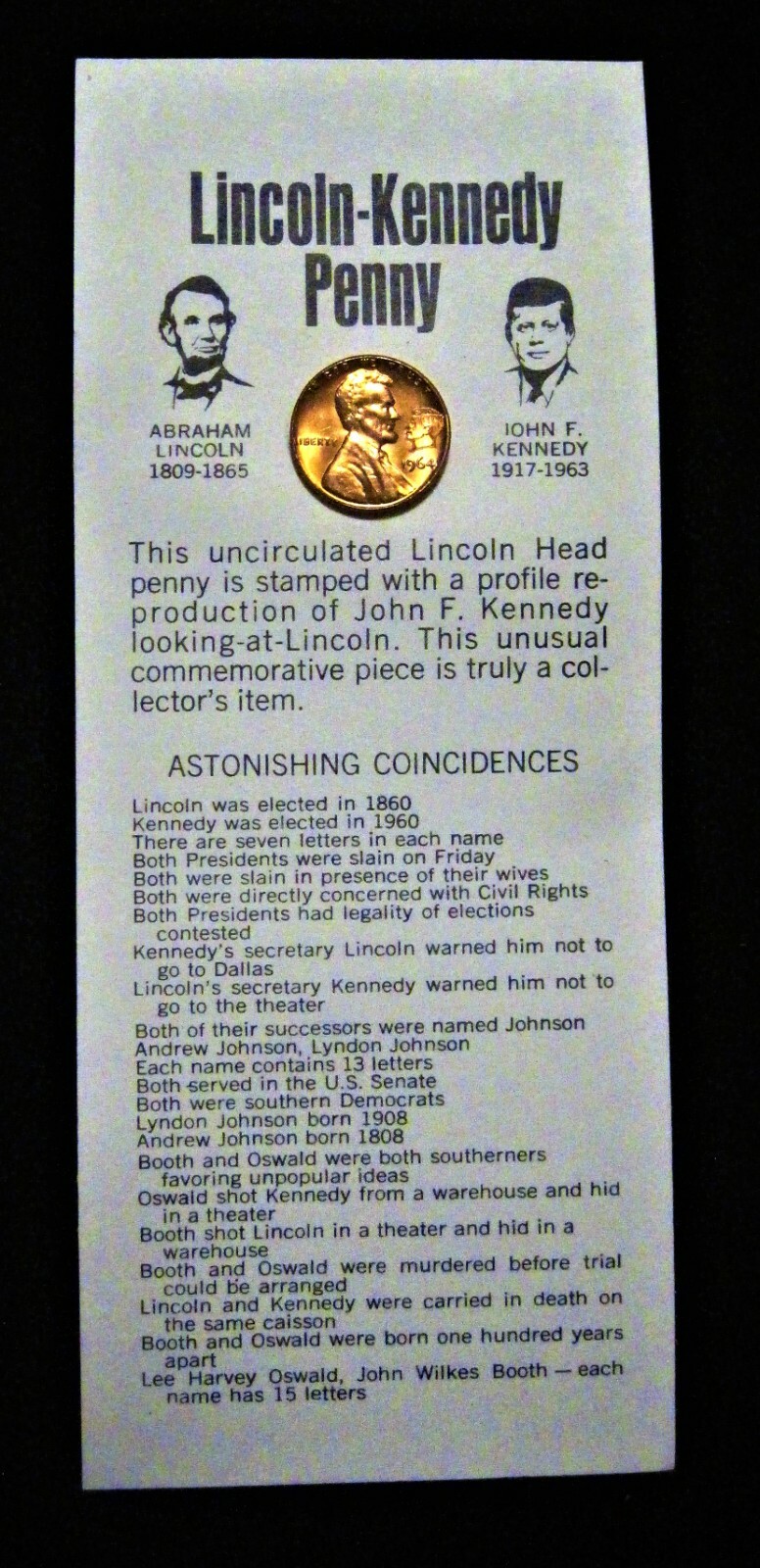 Red Unc 1964 Lincoln Kennedy Penny Astonishing Coincidences JFK Cent Card