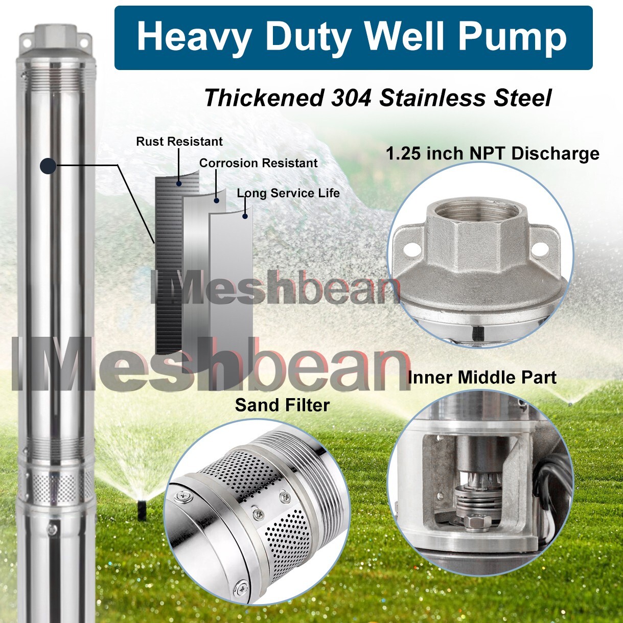 1HP 4" Deep Well Submersible Pump 220V 33GPM 257FT Max 50FT Cord Stainless Steel