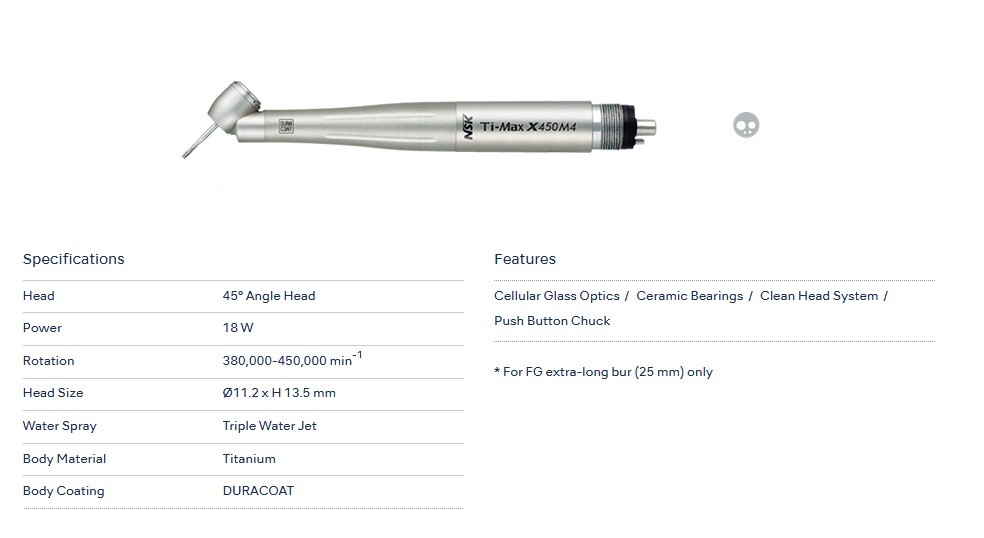 NSK Ti-Max X450 M4 Surgical 45° LED Speed Handpiece Dental Triple Water Jet 18W