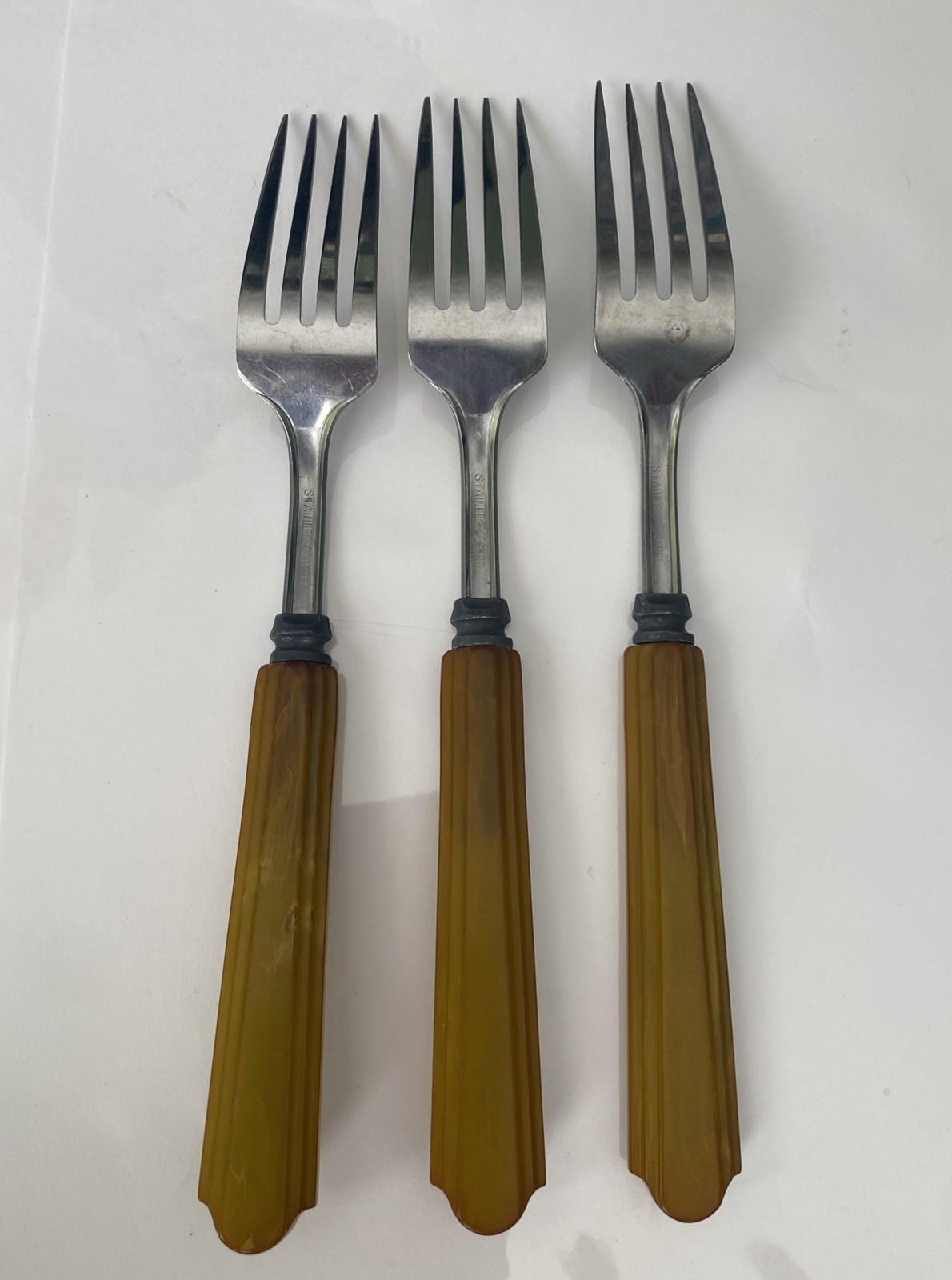 HTF Vintage Bakelite FORKS Flatware Utensils 3 Pc. Butterscotch Stainless Steel