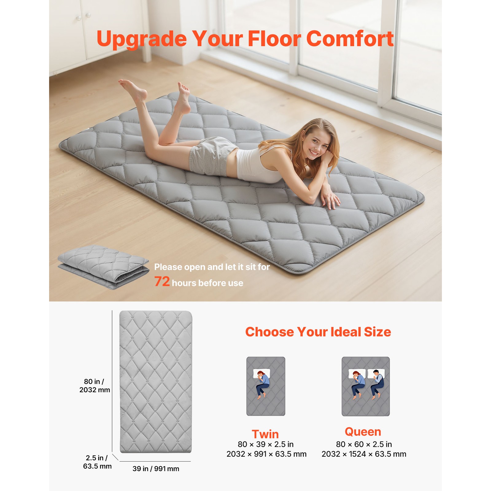 Uimoso Japanese Tatami Mat Twin Foldable Futon Mattress with Storage Bag Gray