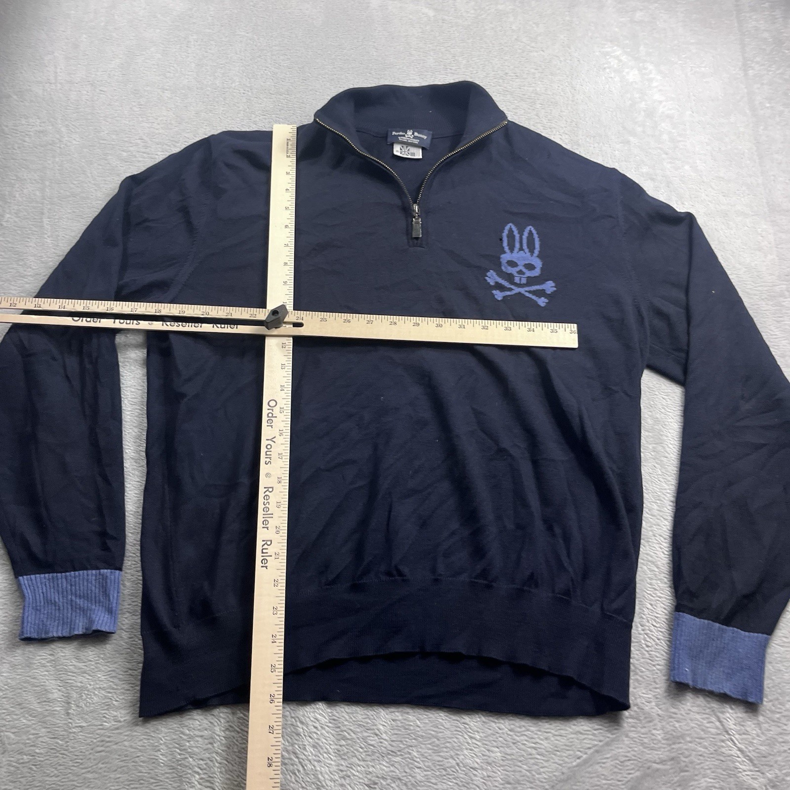 Psycho Bunny Mens XL Merino Wool Quarter Zip Mock Neck Blue Sweater Preppy