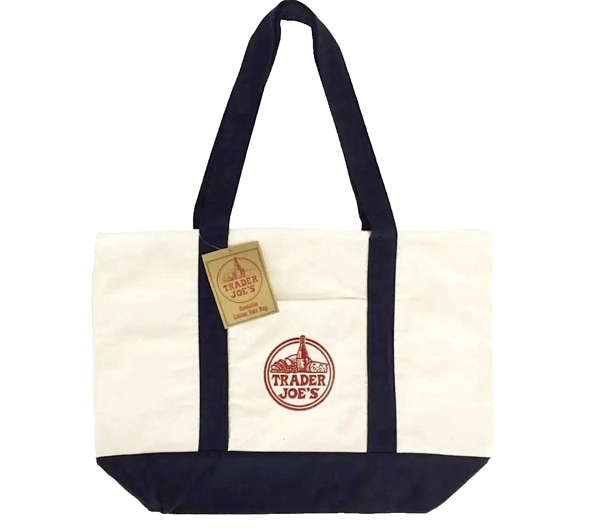 TRADER JOE'S LARGE CANVAS BAG HEAVY COTTON REUSABLE SHOPPING BAG LARGE NAVY BLUE