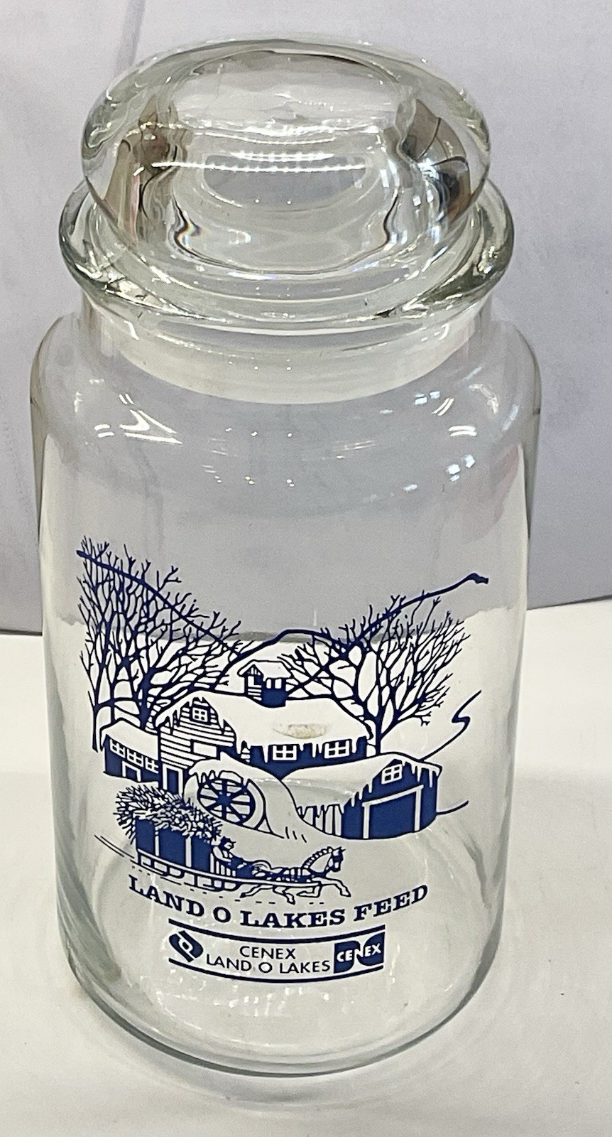 LAND O LAKES FEED / CENEX, 8" TALL GLASS CANISTER/BLUE WINTER SCENE