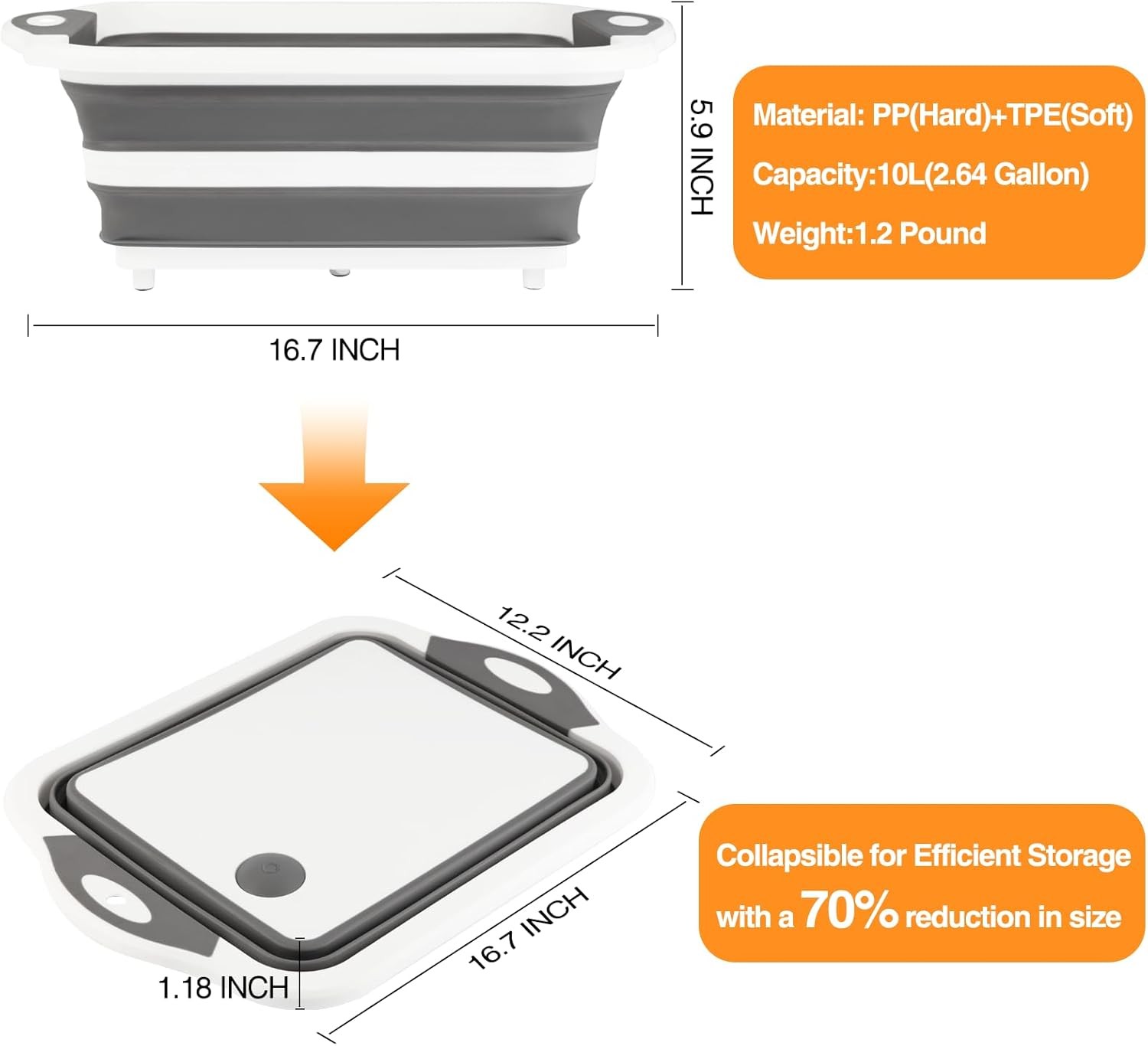 Foldable Grill Prep Bowl/Cutting Board, 10 L, with Strainer (Gray)