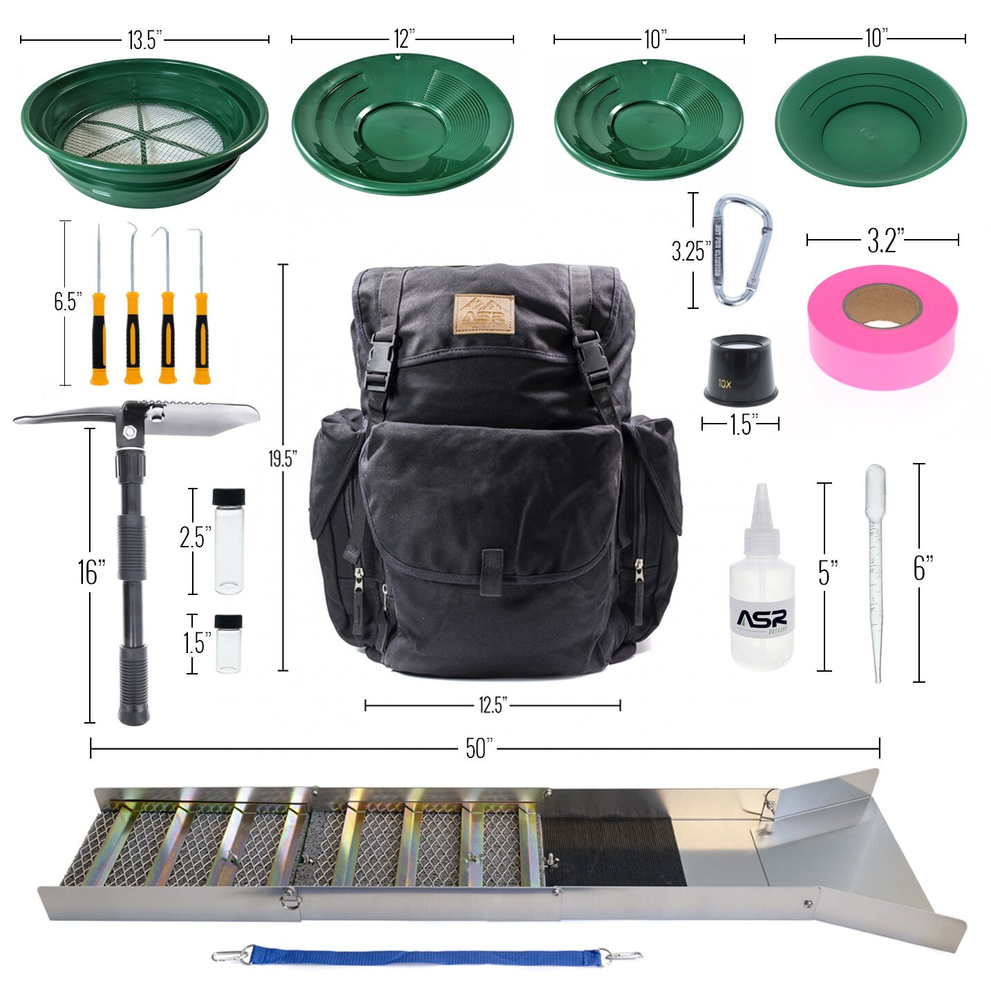 ASR Outdoor Deluxe 50" Aluminum Folding Sluice Box Gold Panning Backpack Kit