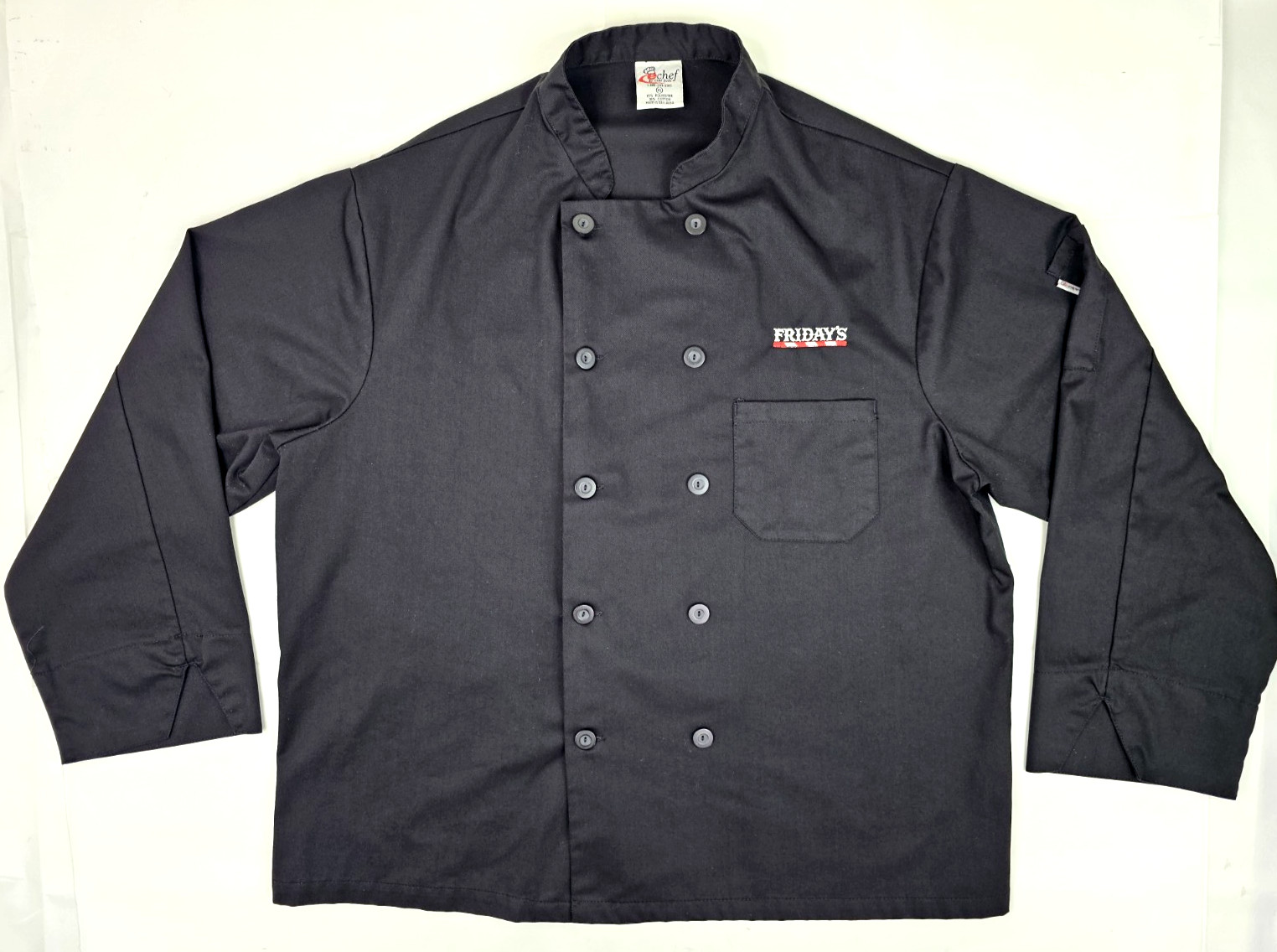 Pinnacle Chef Trends Double Breasted Black Cook Jacket Size L, Fridays Logo EUC