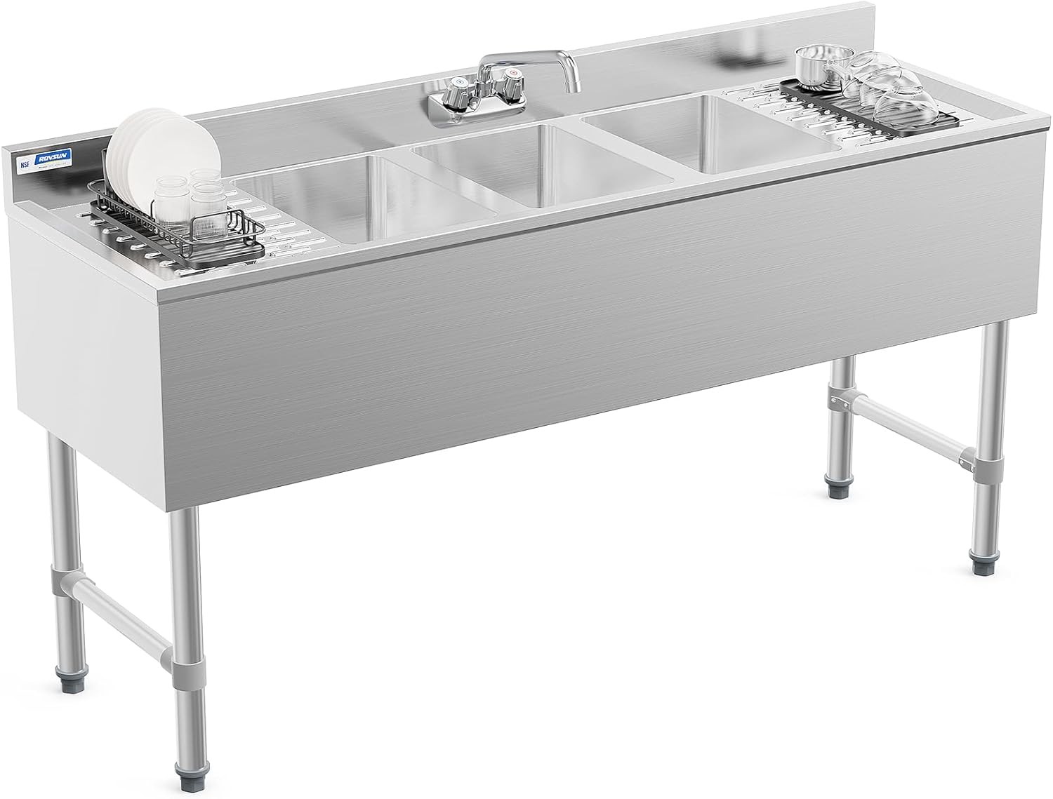3 Compartment Commercial Sink with Double Drainboard 60"L x 18.4"W x 33"H Silver