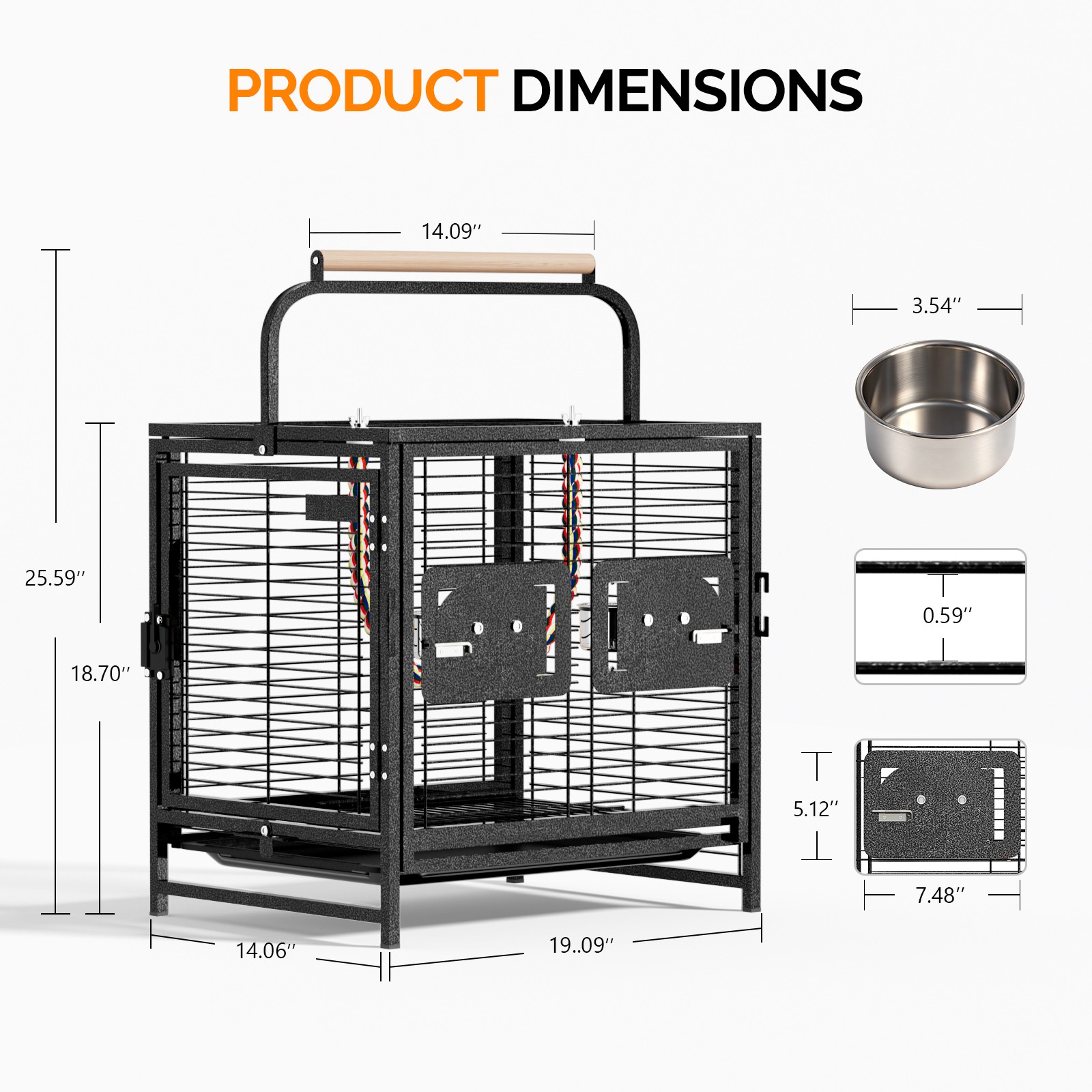 Portable 25" Parakeet Wire Bird Cage for Finches Canaries Hanging Travel Carrier