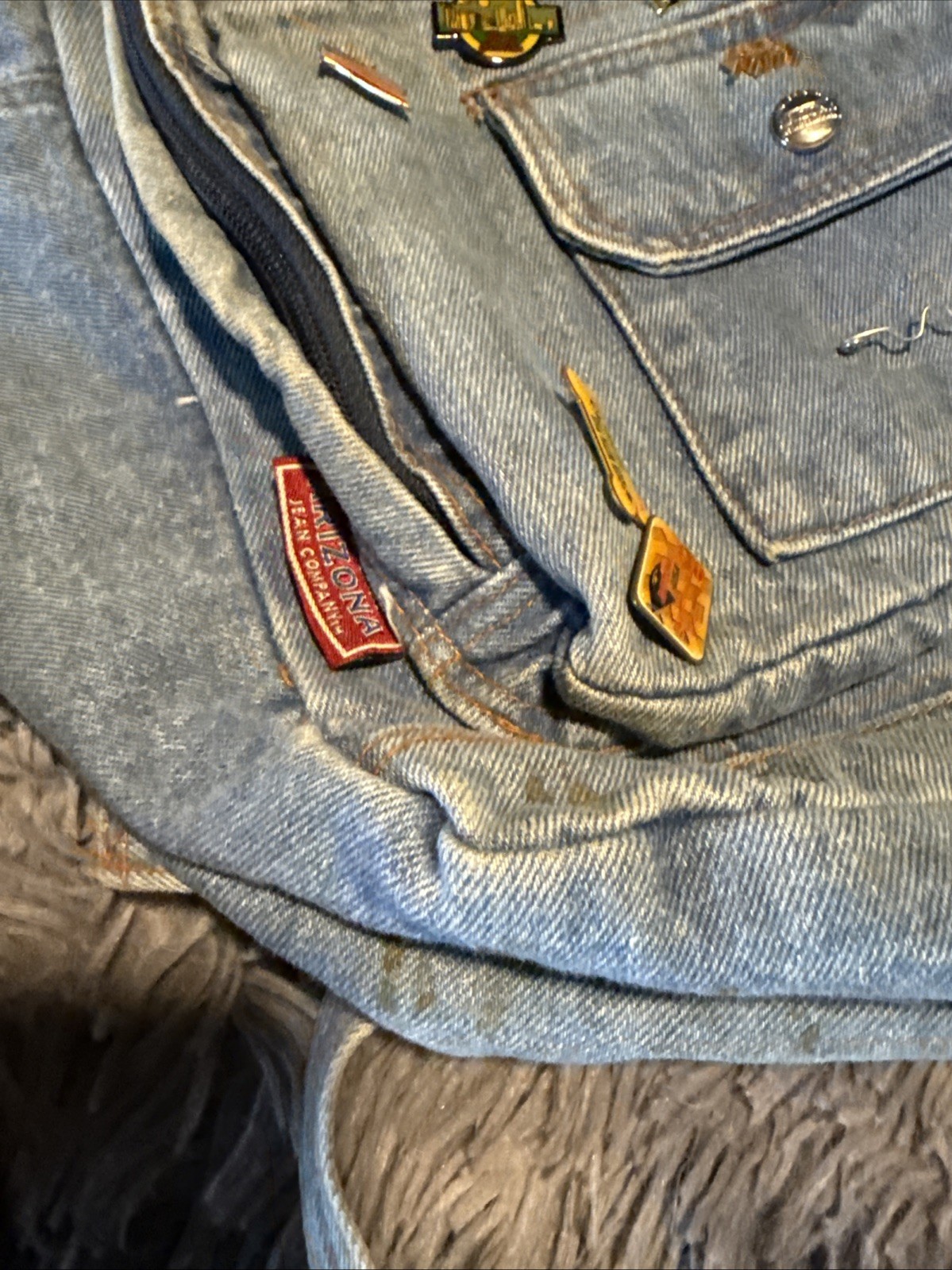 Vintage arizona denim back pack, travel pins, Ama, bush gardens, hog,Air force,