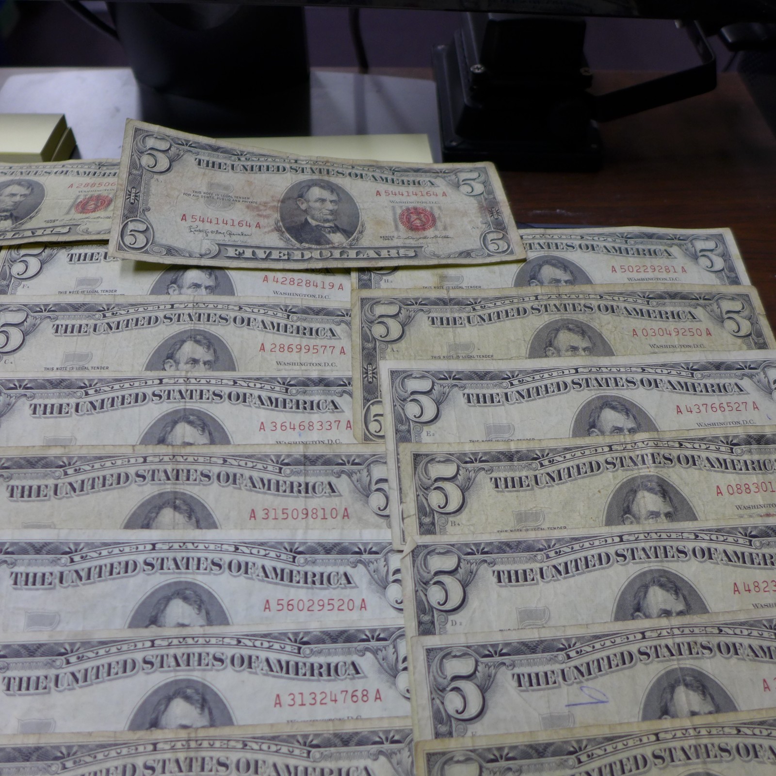 Lot of (50) 1963 Red Seal FIVE Dollar $5 Bills CIRCULATED BILLS - Culls